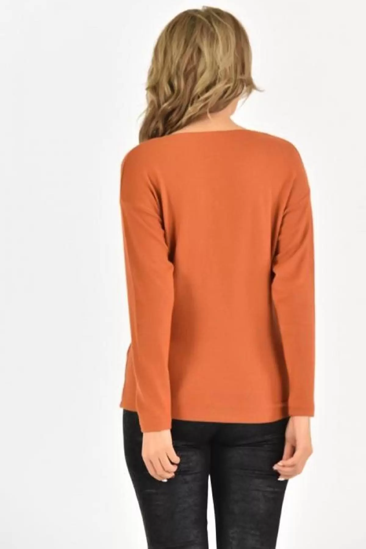 V Yaka Taşlı ve Uzun Kollu İnce Viskon Kiremit Kadın Bluz