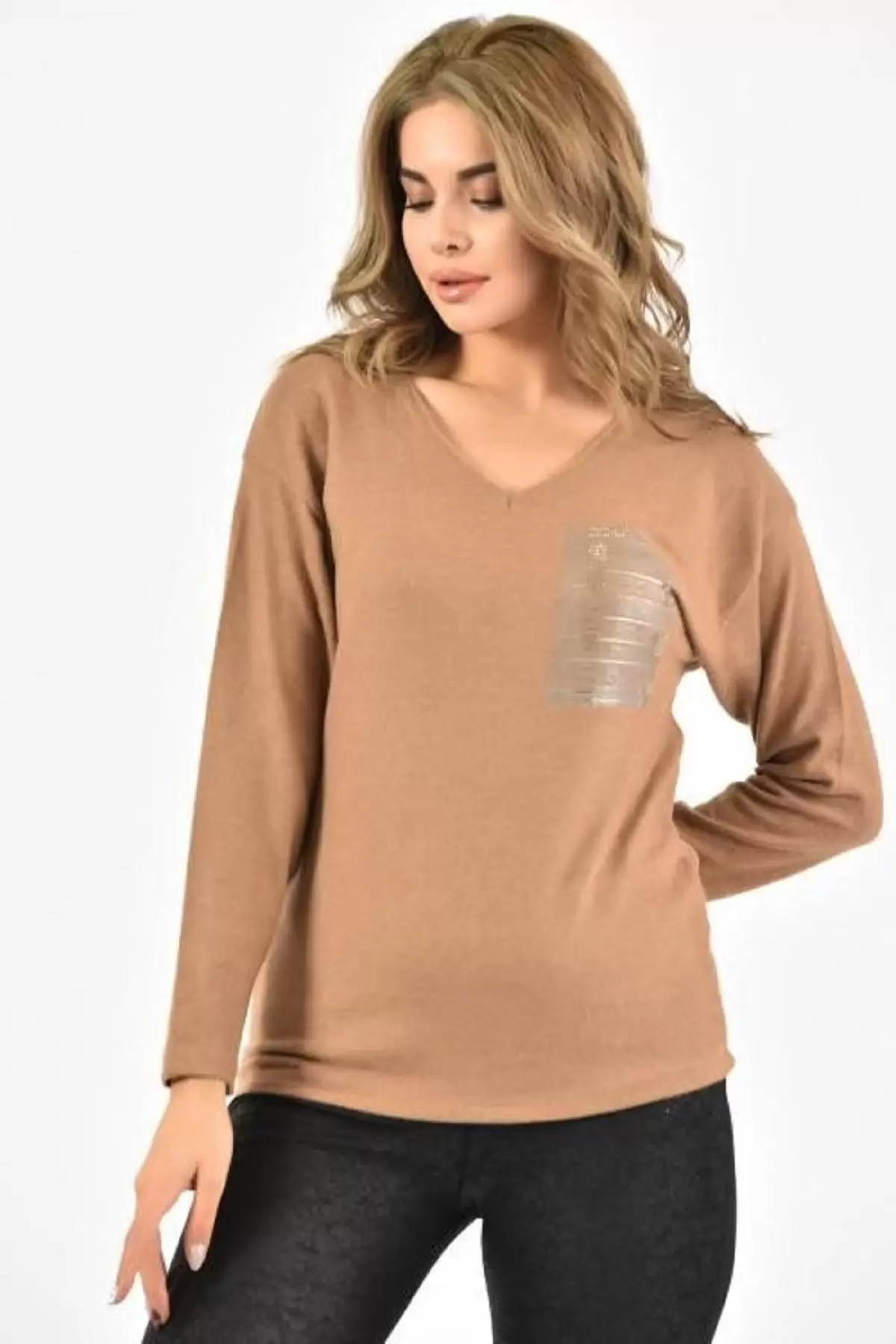 V Yaka Taşlı ve Uzun Kollu İnce Viskon Vizon Kadın Bluz