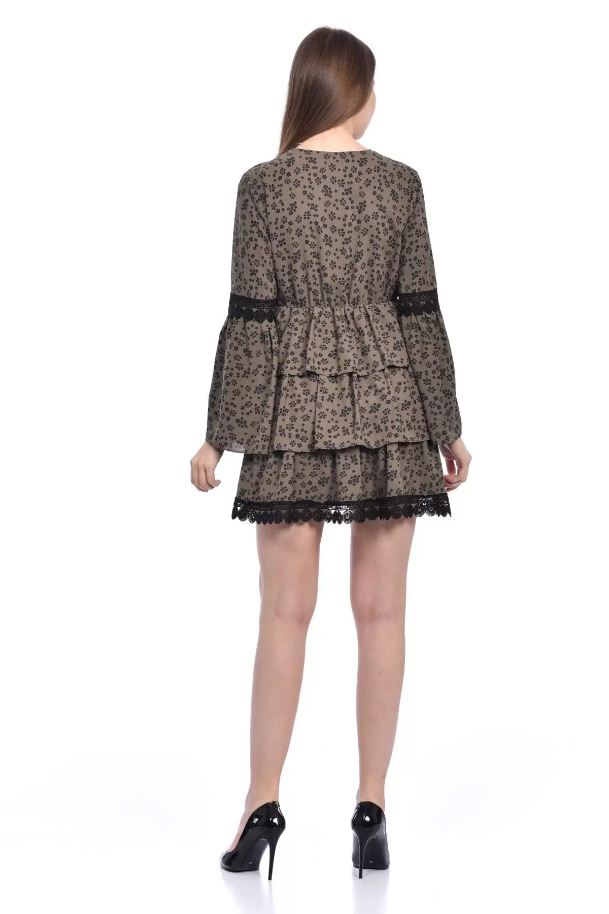 V Yaka Uzun Kollu Dantel ve Çiçekli Haki Kadın Elbise