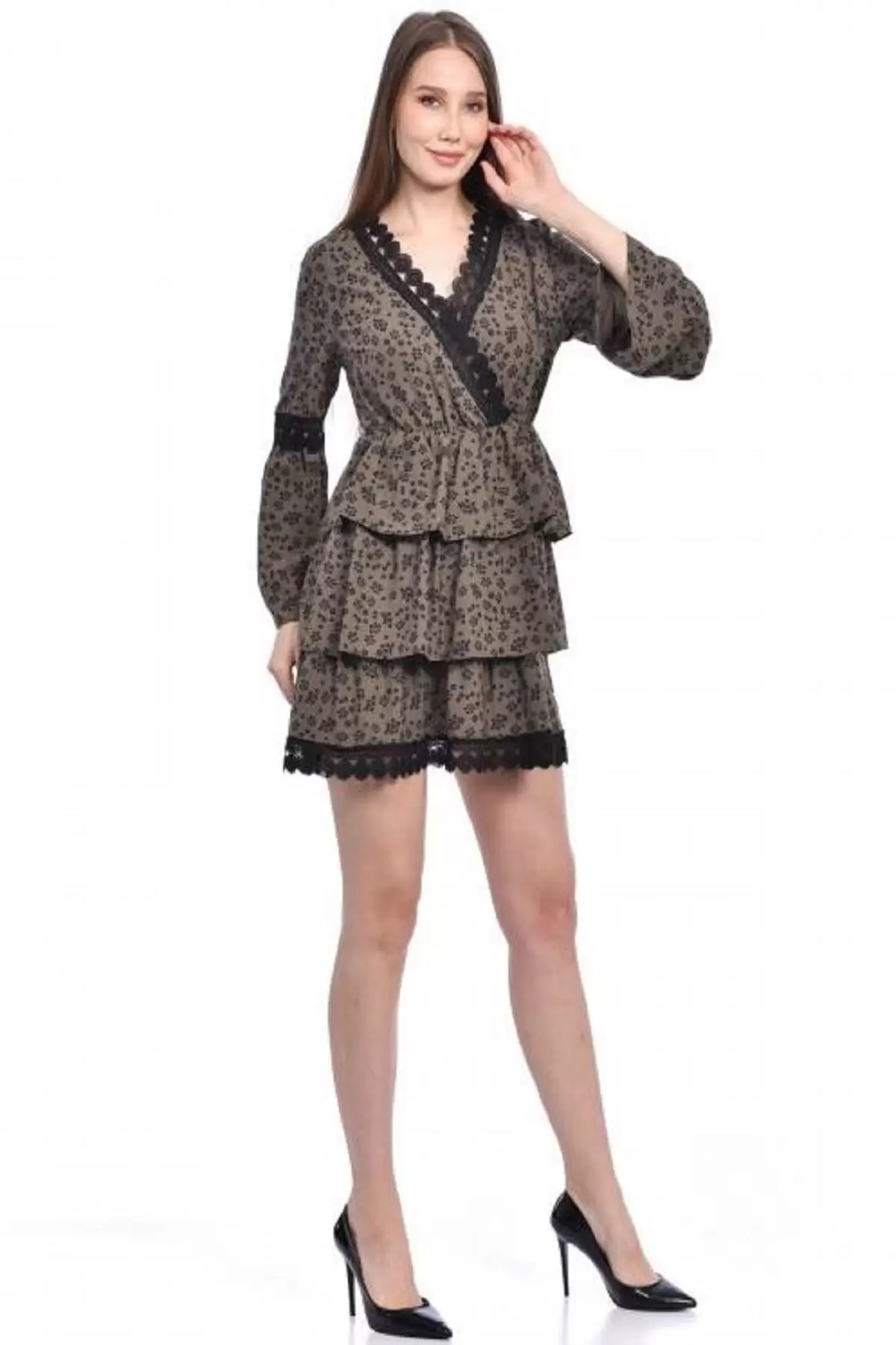 V Yaka Uzun Kollu Dantel ve Çiçekli Haki Kadın Elbise