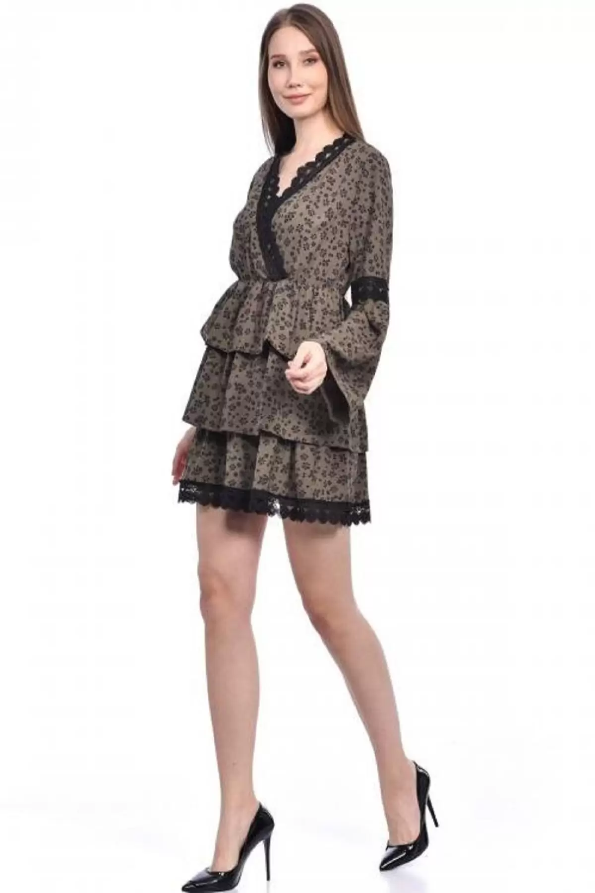 V Yaka Uzun Kollu Dantel ve Çiçekli Haki Kadın Elbise