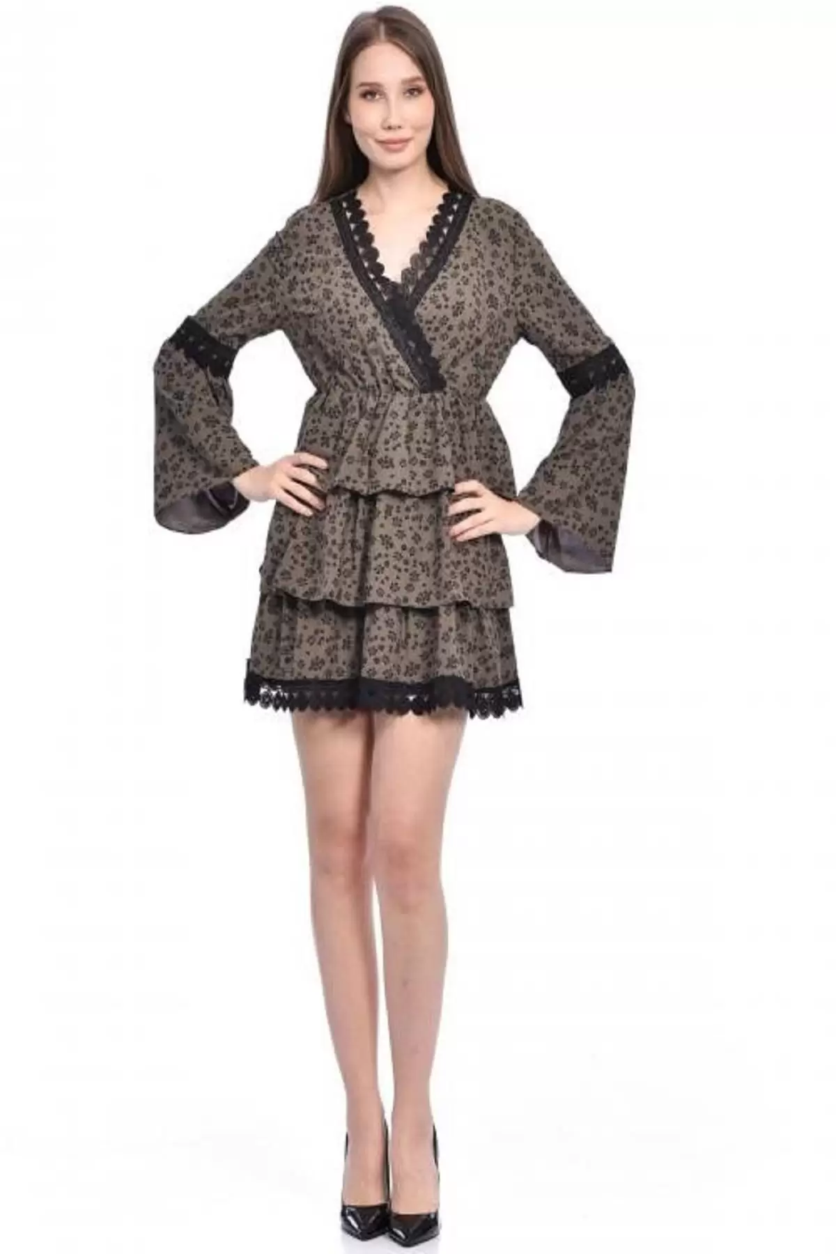 V Yaka Uzun Kollu Dantel ve Çiçekli Haki Kadın Elbise