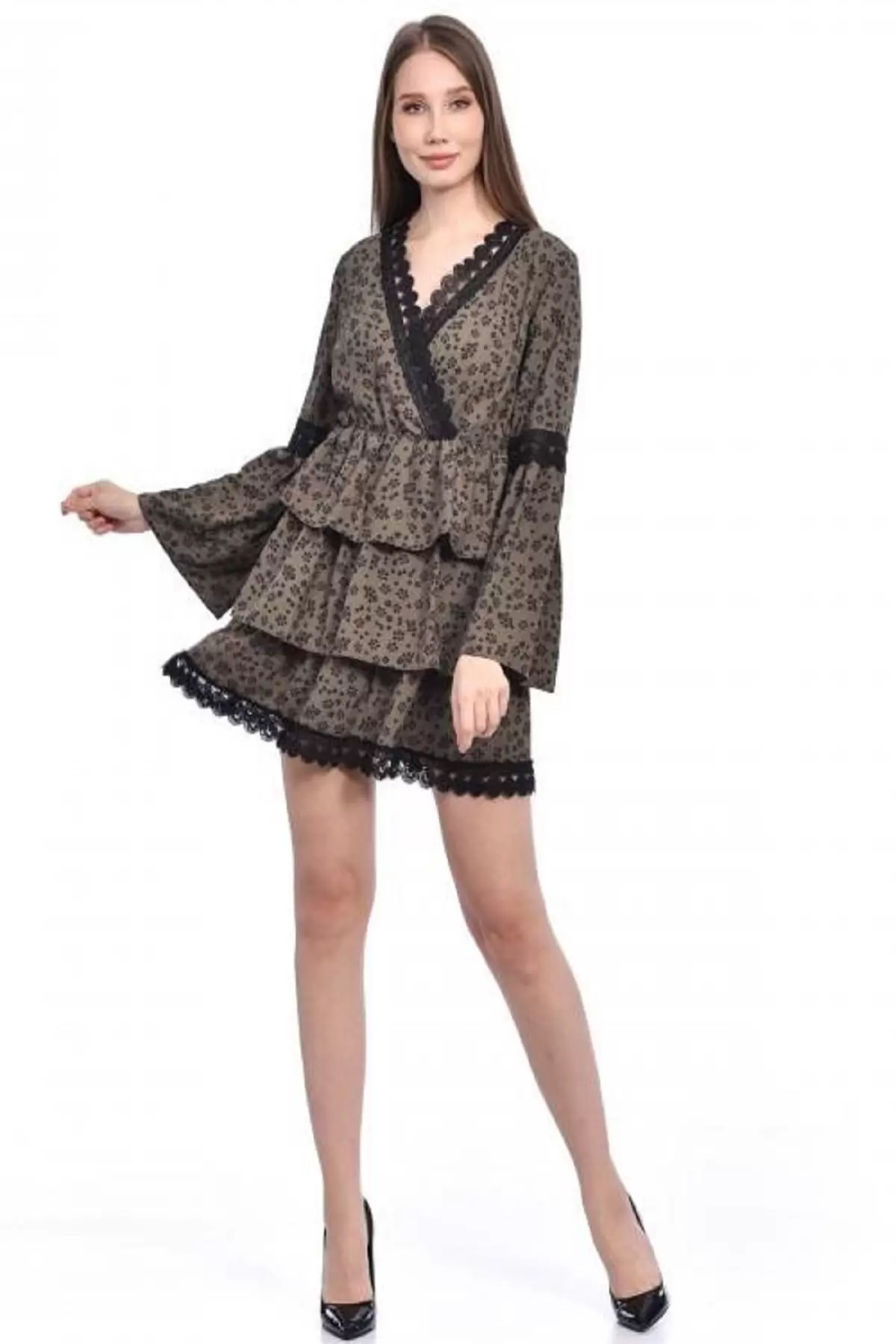 V Yaka Uzun Kollu Dantel ve Çiçekli Haki Kadın Elbise