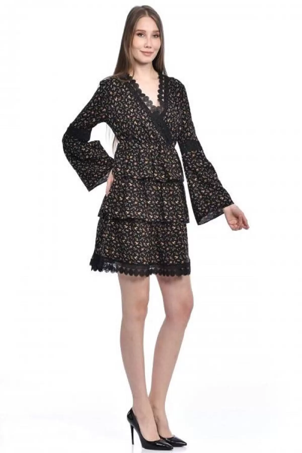 V Yaka Uzun Kollu Dantel ve Çiçekli Siyah Kadın Elbise