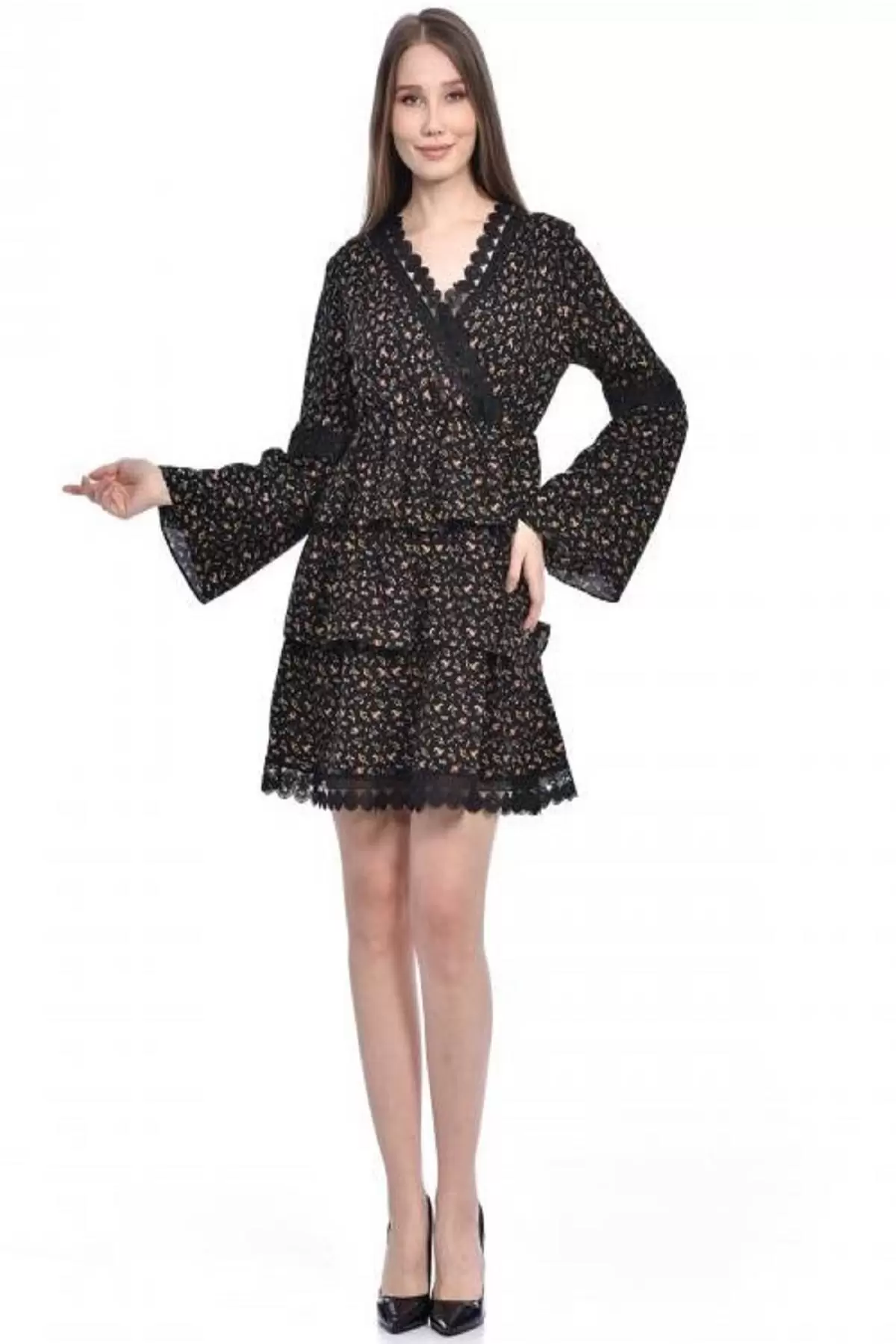 V Yaka Uzun Kollu Dantel ve Çiçekli Siyah Kadın Elbise