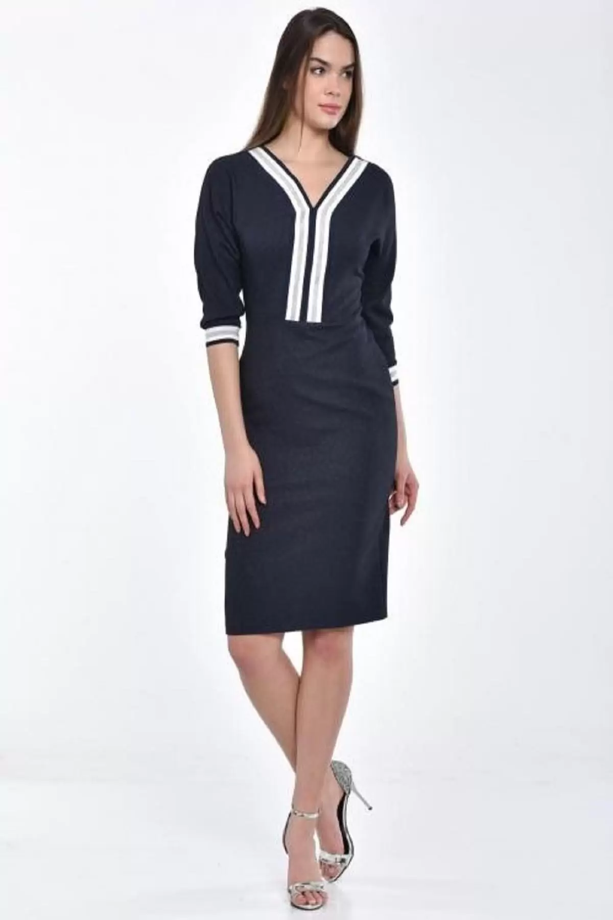 V Yaka Uzun Kollu Lacivert Triko Kadın Elbise