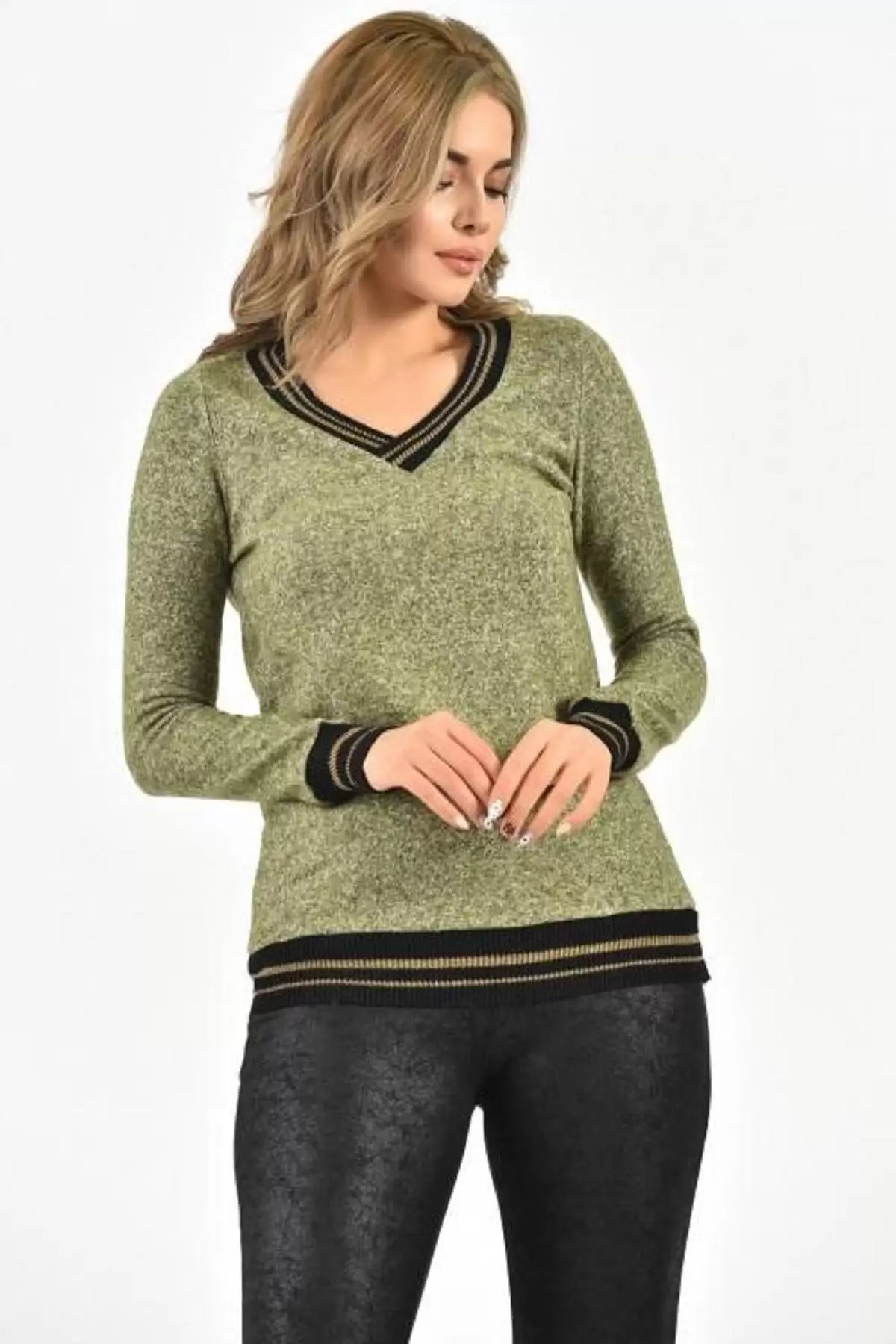 V Yaka Uzun Kollu Örme İnce Yeşil Kadın Bluz