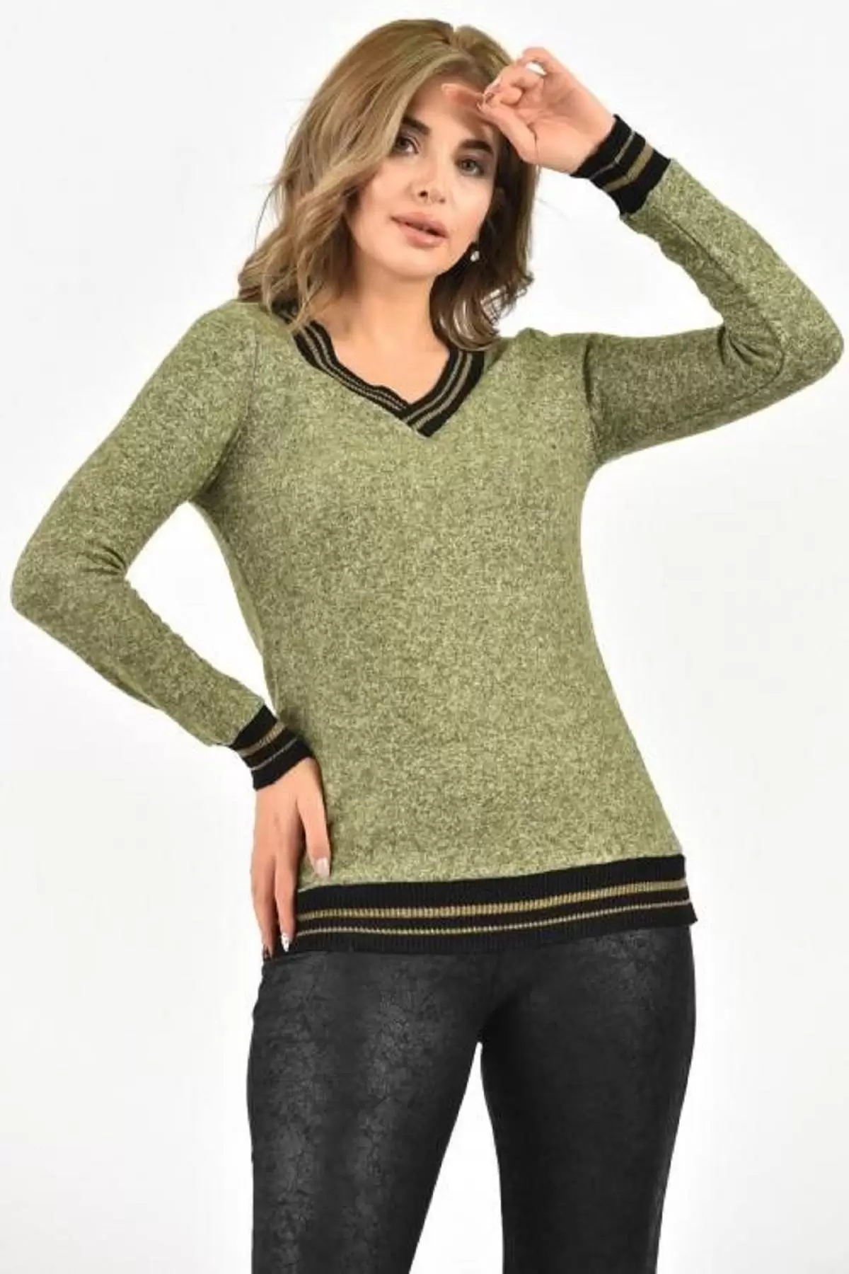 V Yaka Uzun Kollu Örme İnce Yeşil Kadın Bluz