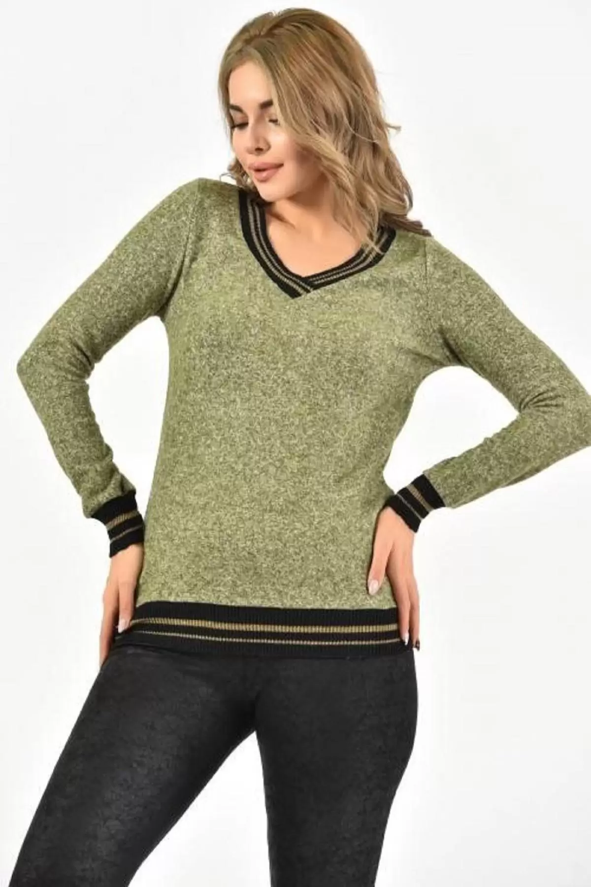 V Yaka Uzun Kollu Örme İnce Yeşil Kadın Bluz