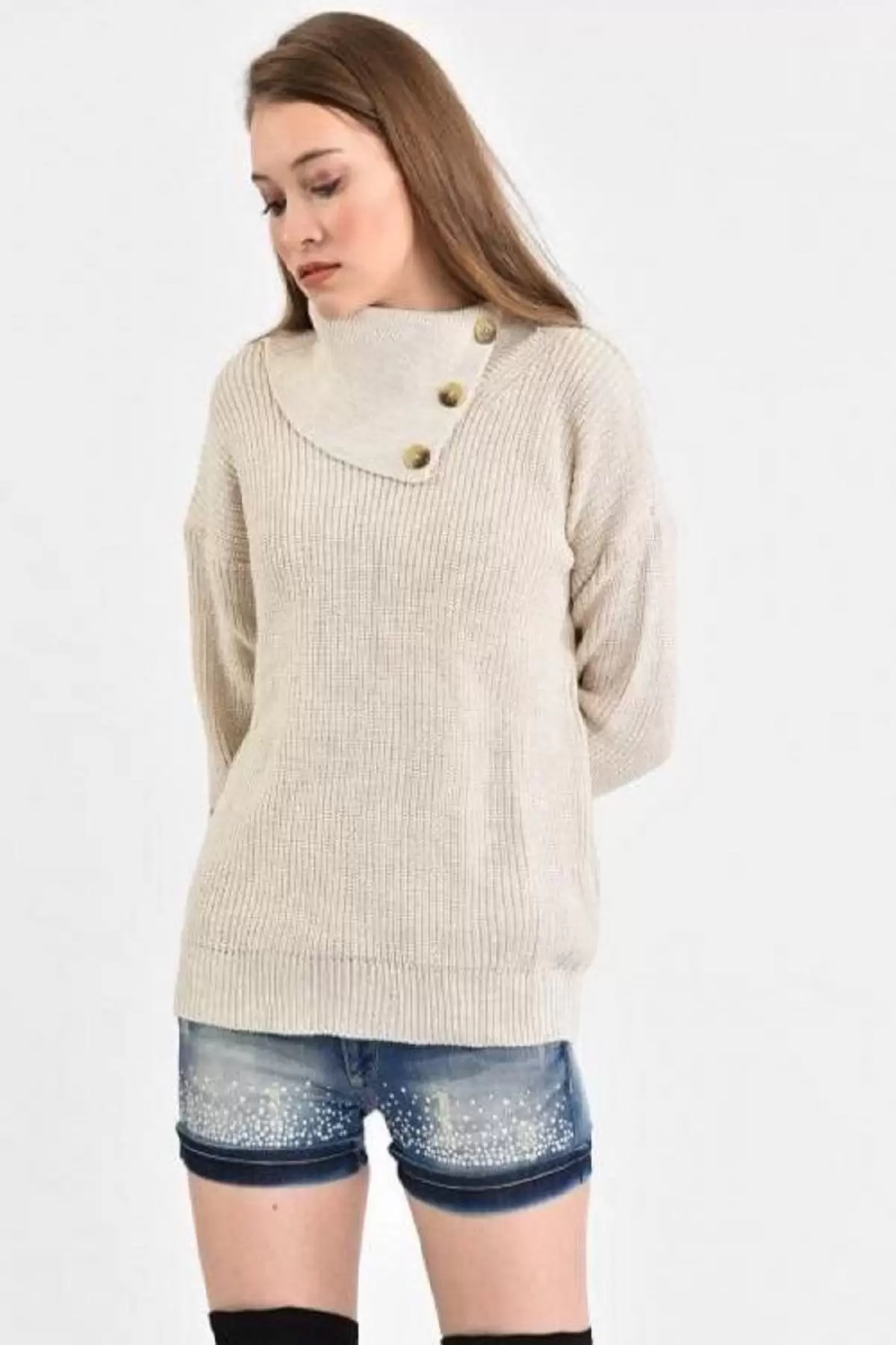 Yaka Düğmeli Uzun Kollu Taş Kadın Kazak