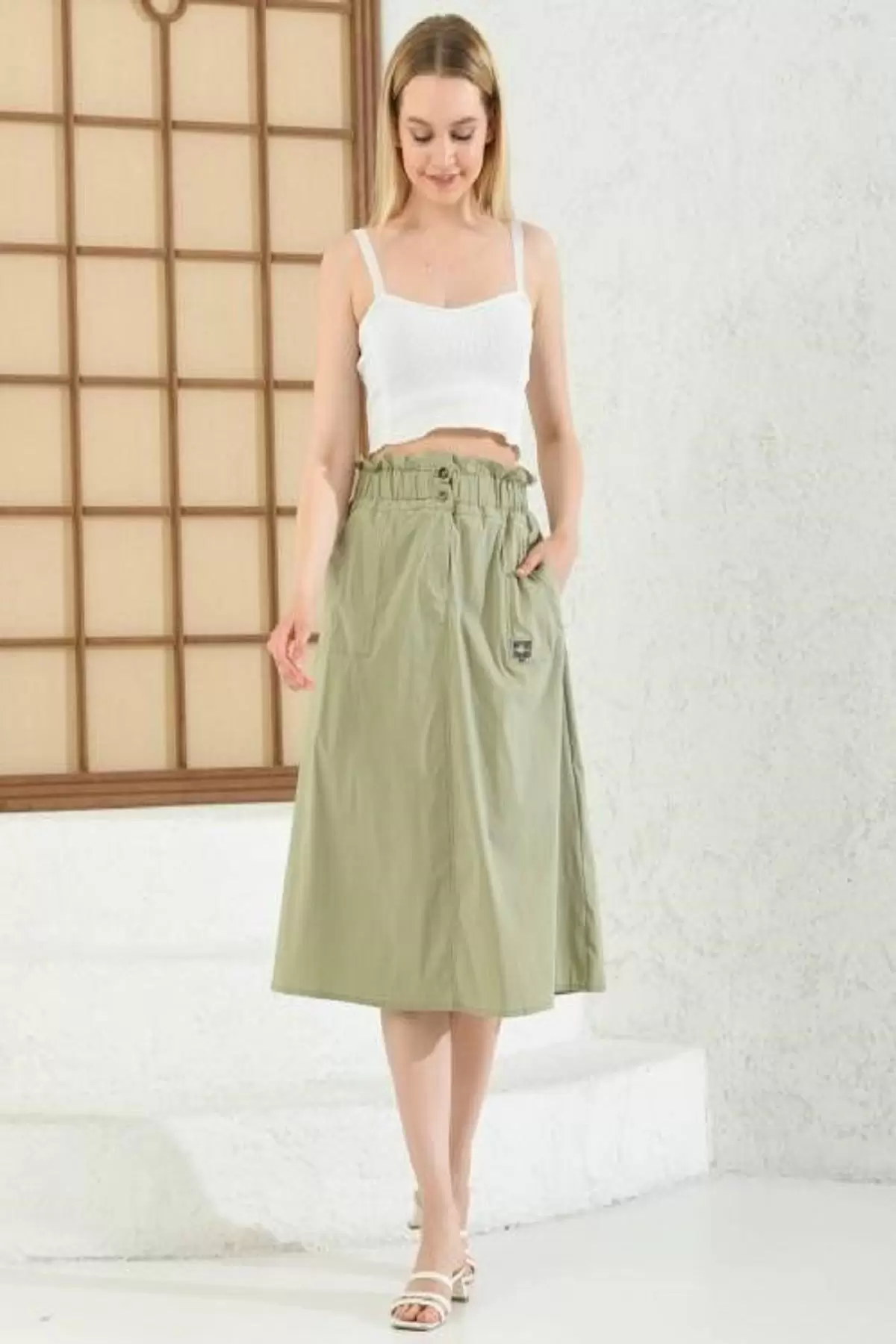Yandan Cepli Belden Lastikli Yeşil Kloş Kadın Etek