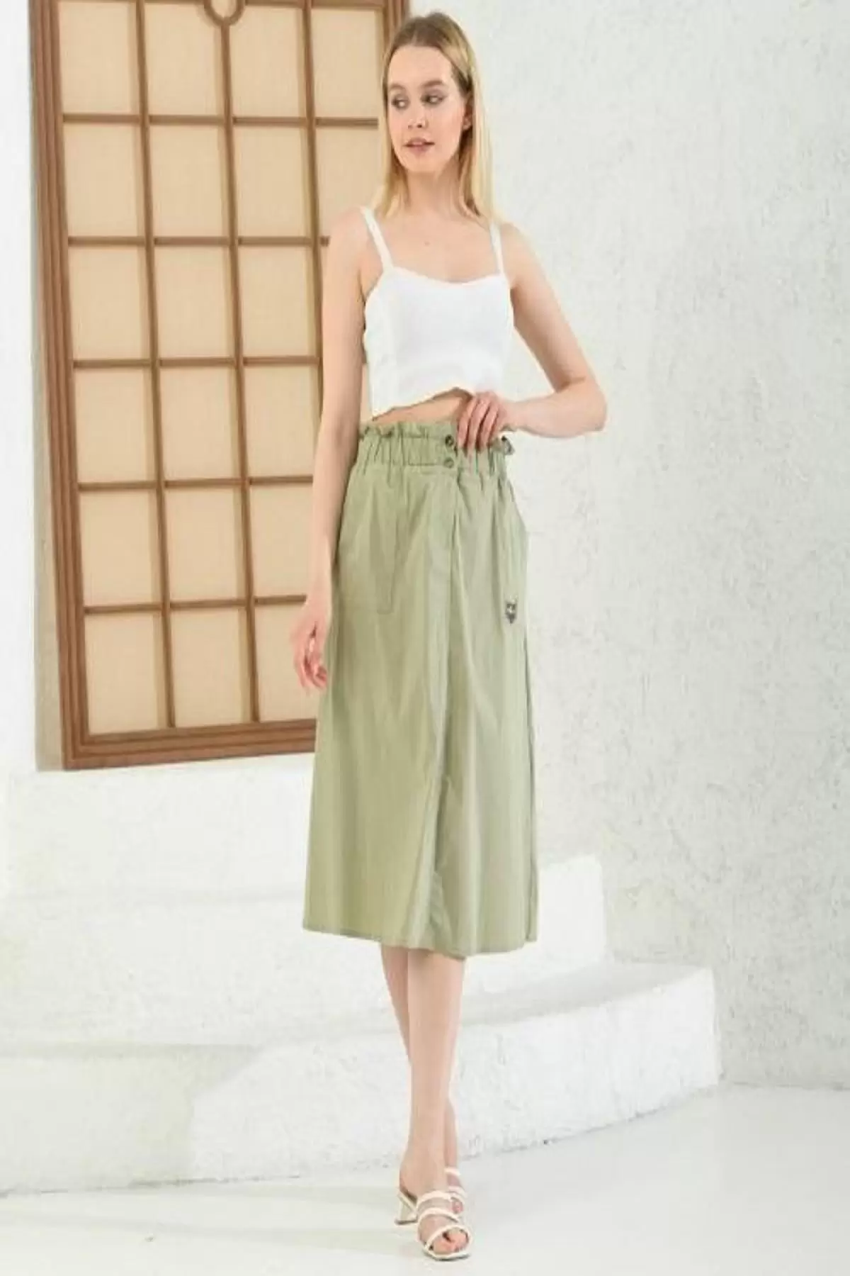 Yandan Cepli Belden Lastikli Yeşil Kloş Kadın Etek