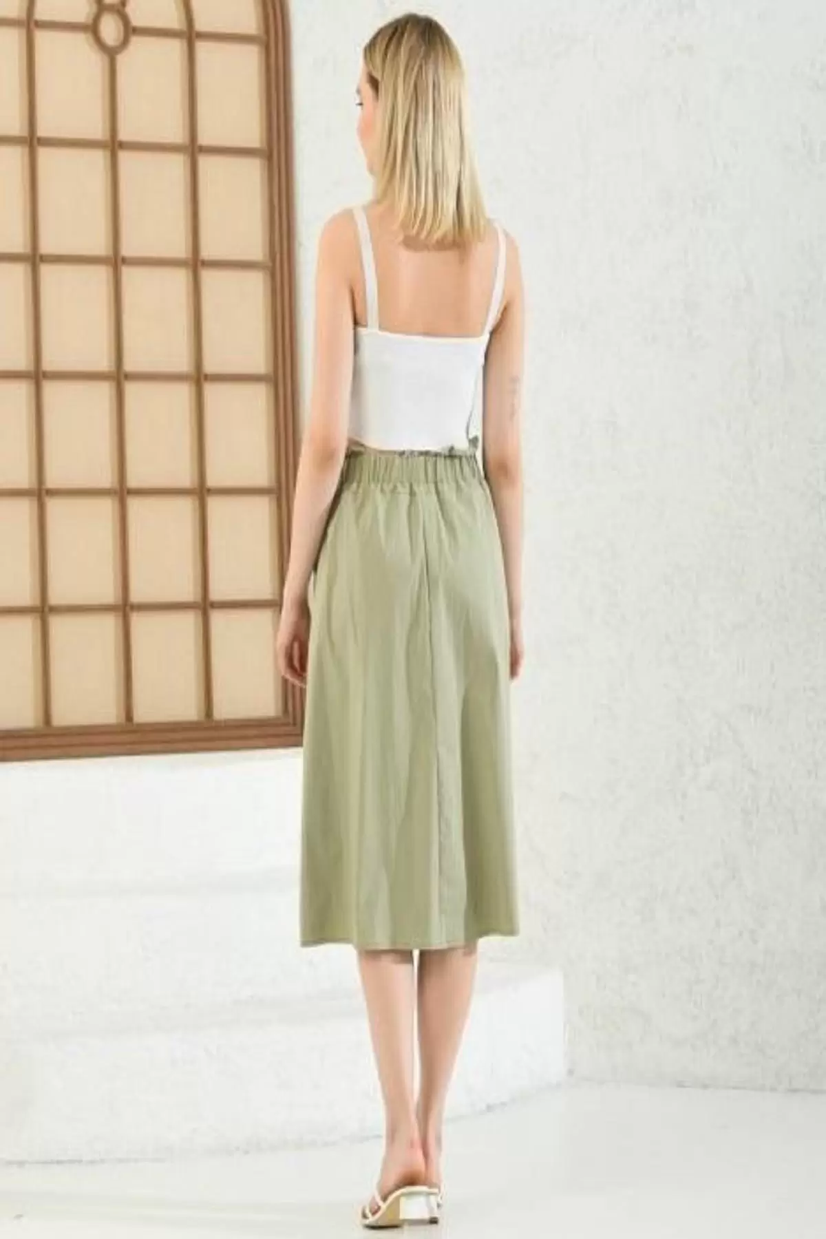 Yandan Cepli Belden Lastikli Yeşil Kloş Kadın Etek