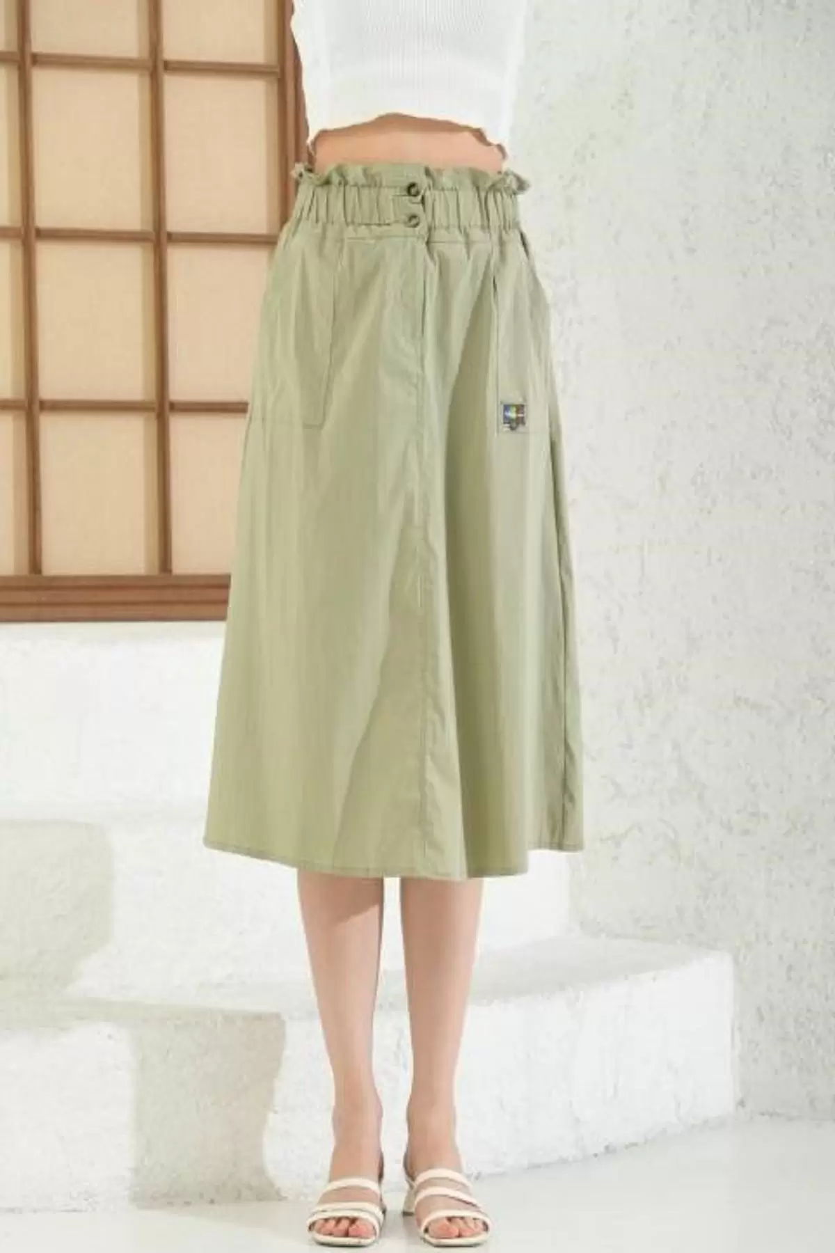 Yandan Cepli Belden Lastikli Yeşil Kloş Kadın Etek