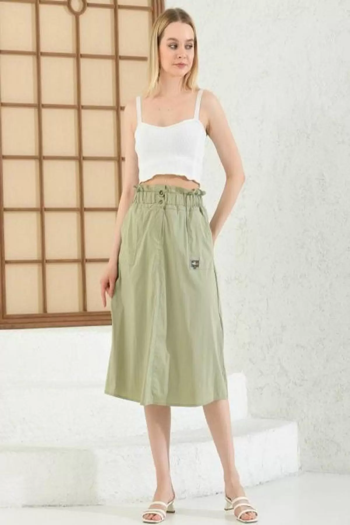 Yandan Cepli Belden Lastikli Yeşil Kloş Kadın Etek