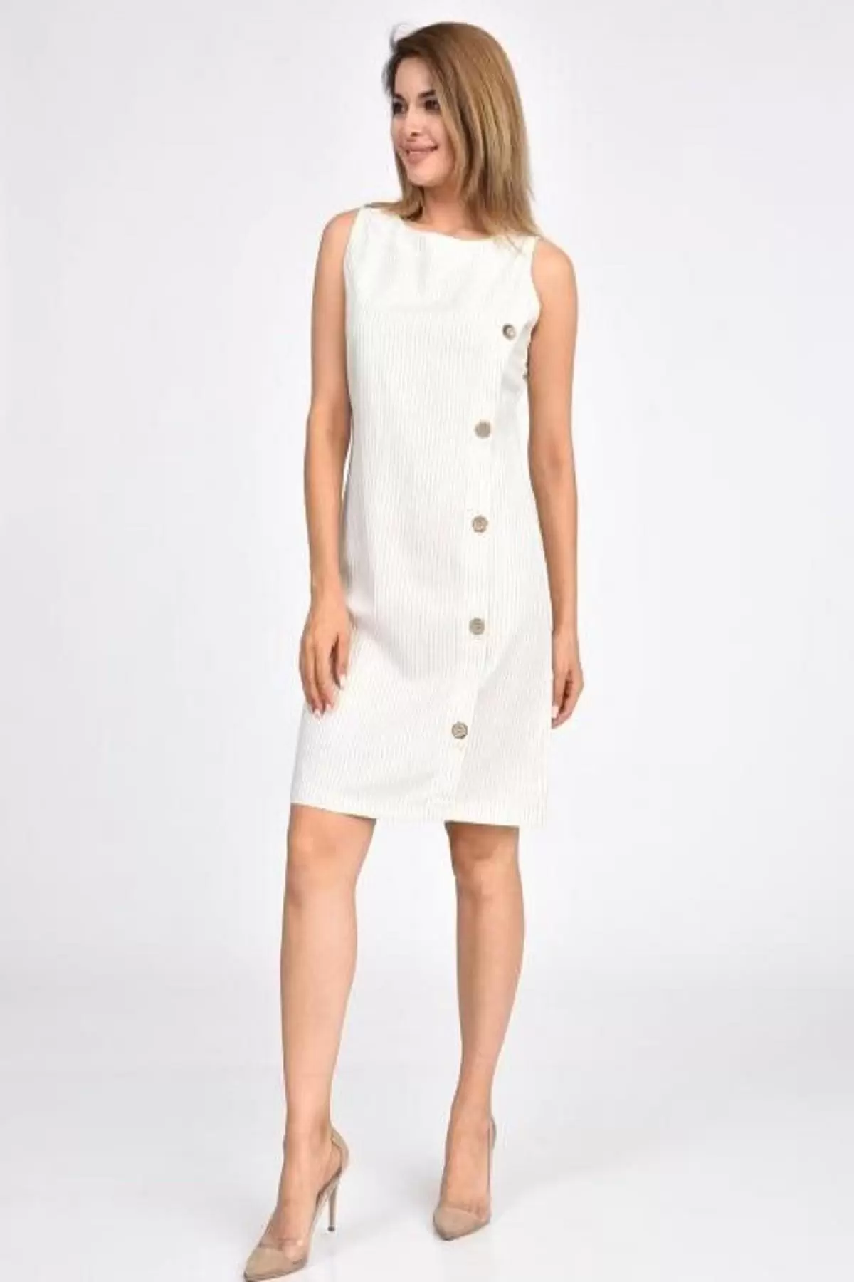 Yandan Düğmeli İnce Sarı Çizgili Krem Kadın Elbise