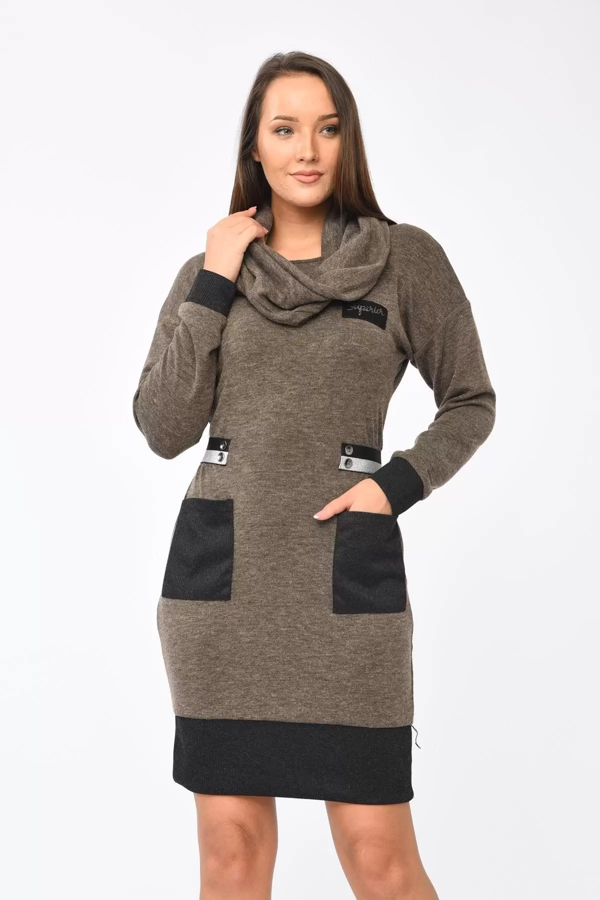 Yandan Şerit ve Cepli Degaje Yaka Kahverengi Kadın Elbise