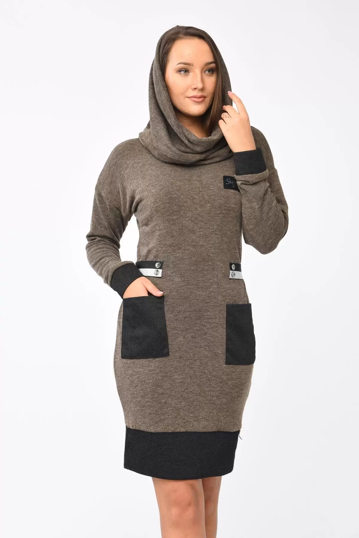 Yandan Şerit ve Cepli Degaje Yaka Kahverengi Kadın Elbise