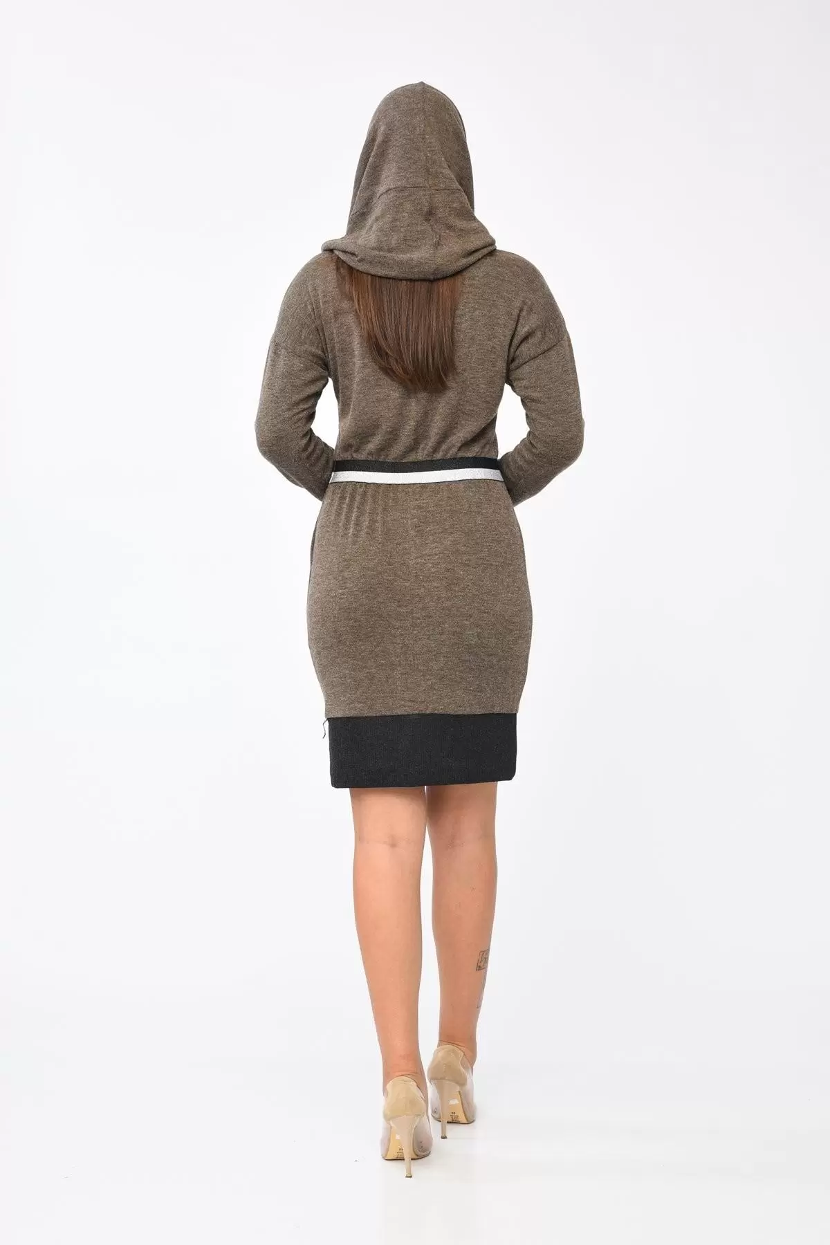 Yandan Şerit ve Cepli Degaje Yaka Kahverengi Kadın Elbise