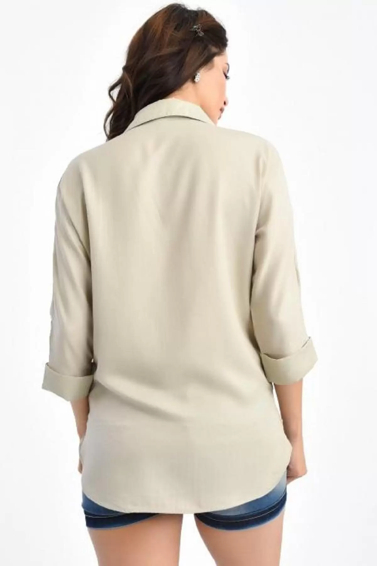 Yaprak Taş Dizili Kısa Kollu Bej Kadın Gömlek