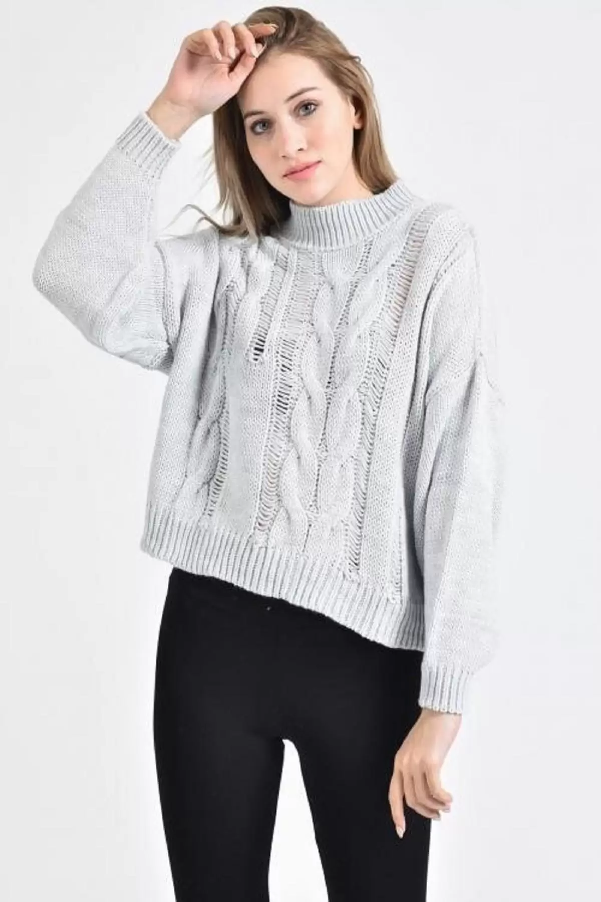 Yarım Balıkçı Yaka Uzun Kollu Saç Örgülü Gri Kadın Kazak