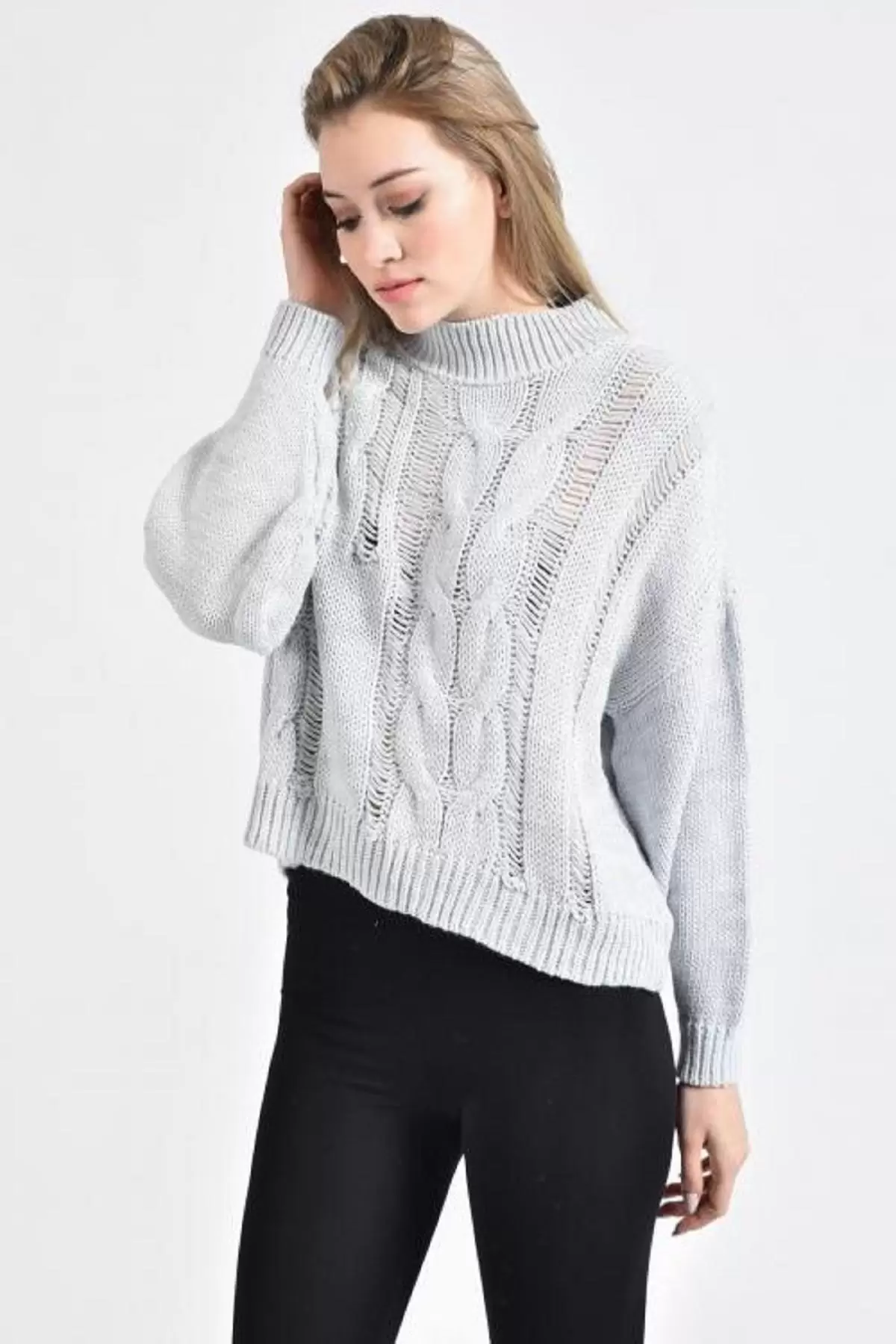 Yarım Balıkçı Yaka Uzun Kollu Saç Örgülü Gri Kadın Kazak