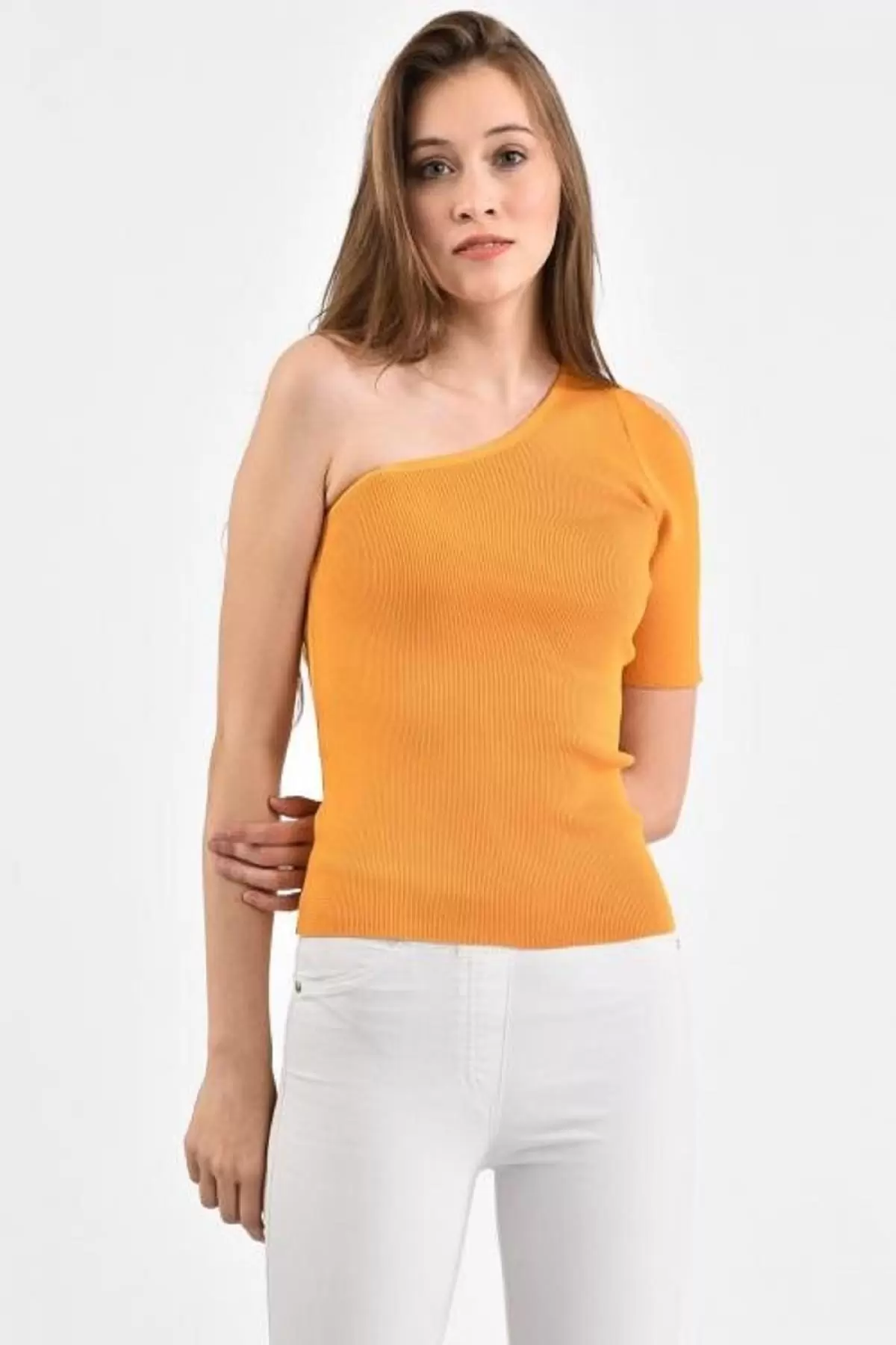Yarım Kol ve Omuz Detaylı Hardal Triko Kadın Bluz