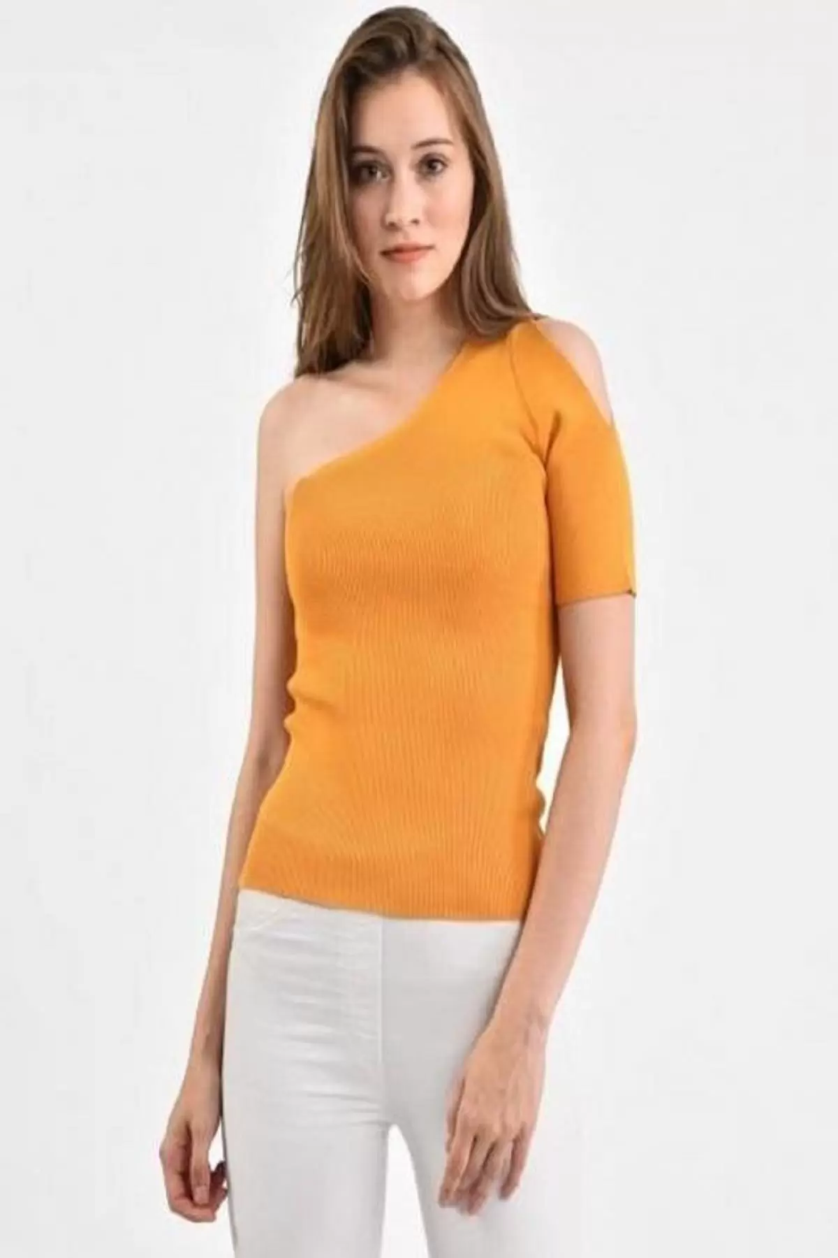 Yarım Kol ve Omuz Detaylı Hardal Triko Kadın Bluz
