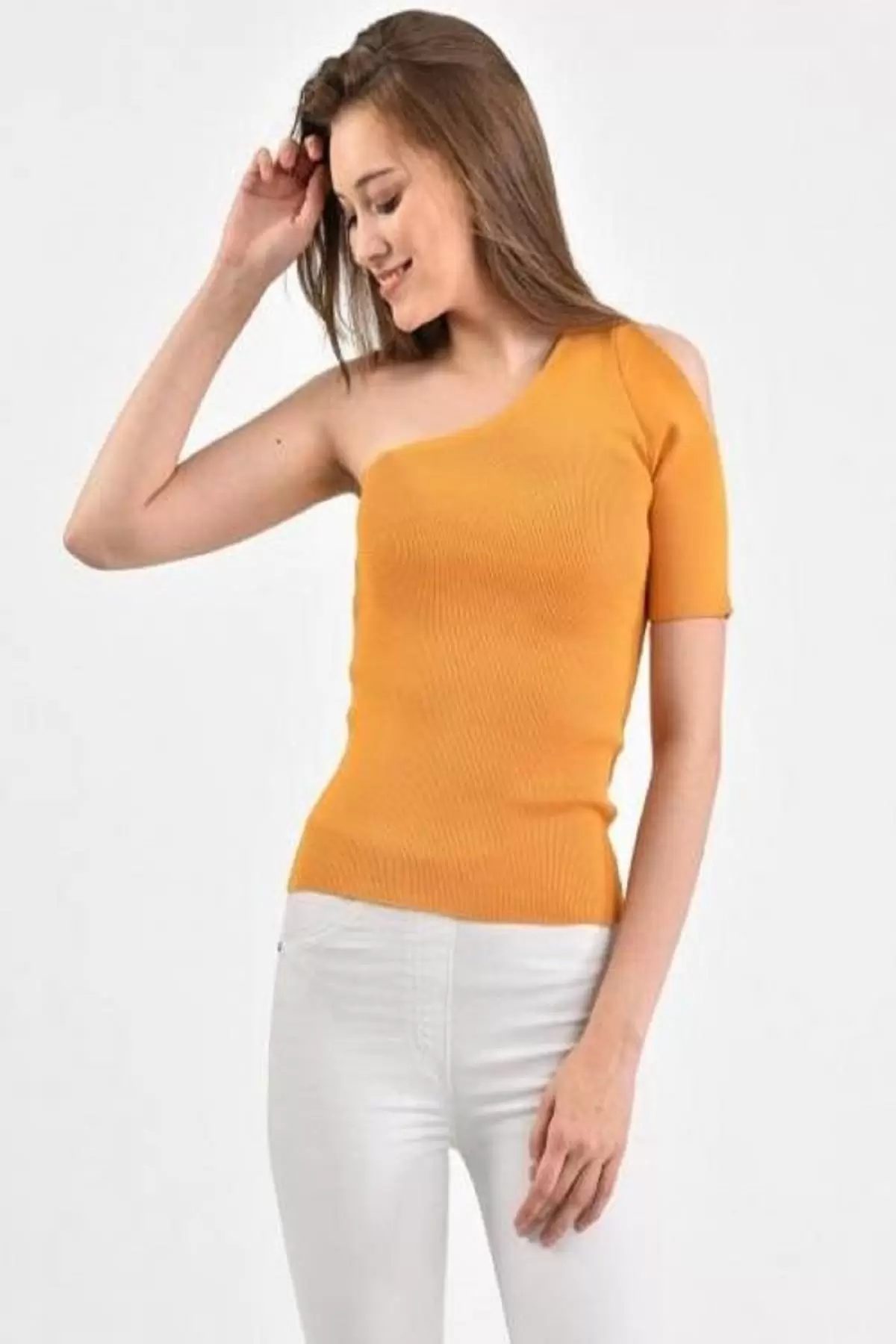 Yarım Kol ve Omuz Detaylı Hardal Triko Kadın Bluz