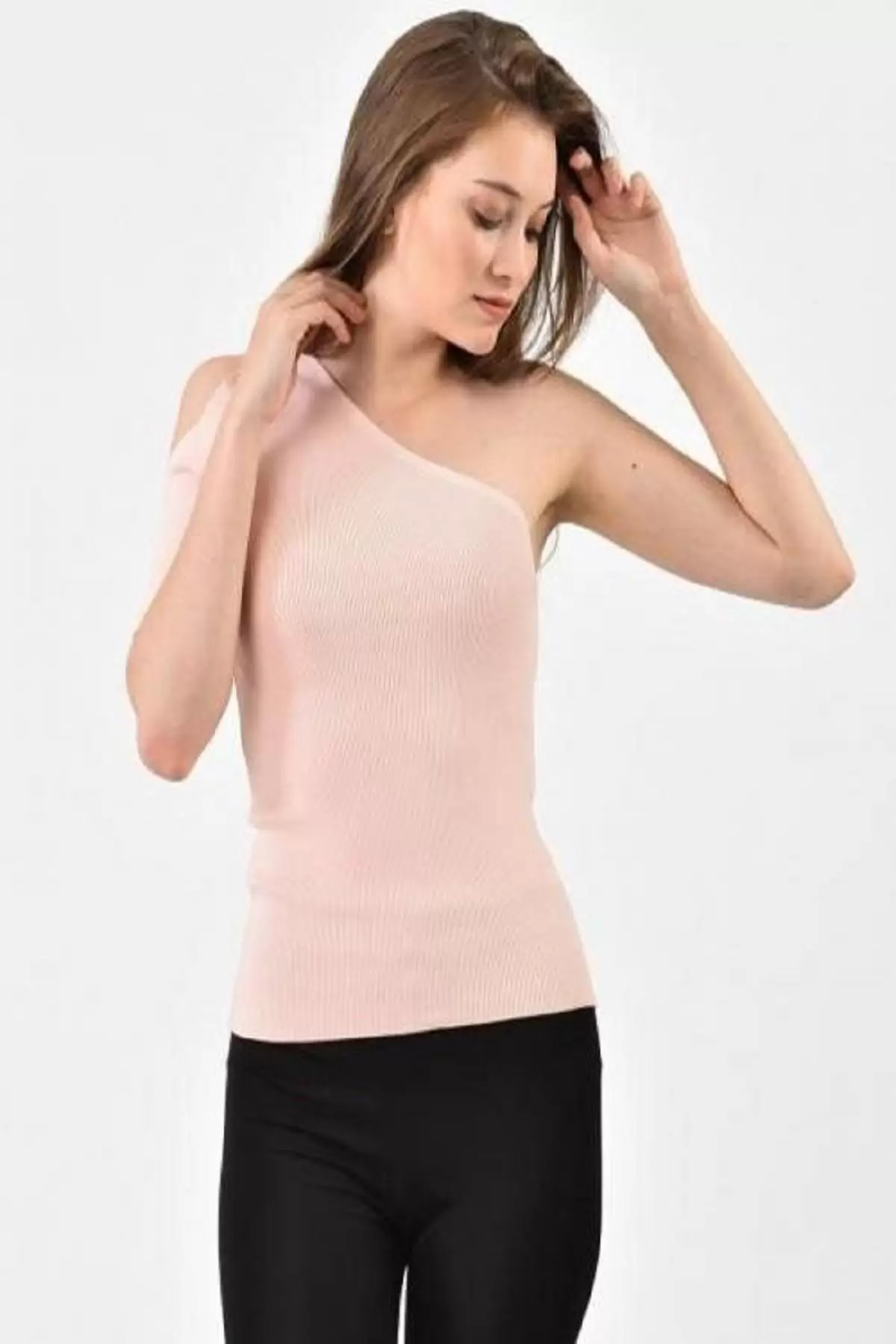 Yarım Kol ve Omuz Detaylı Pudra Triko Kadın Bluz