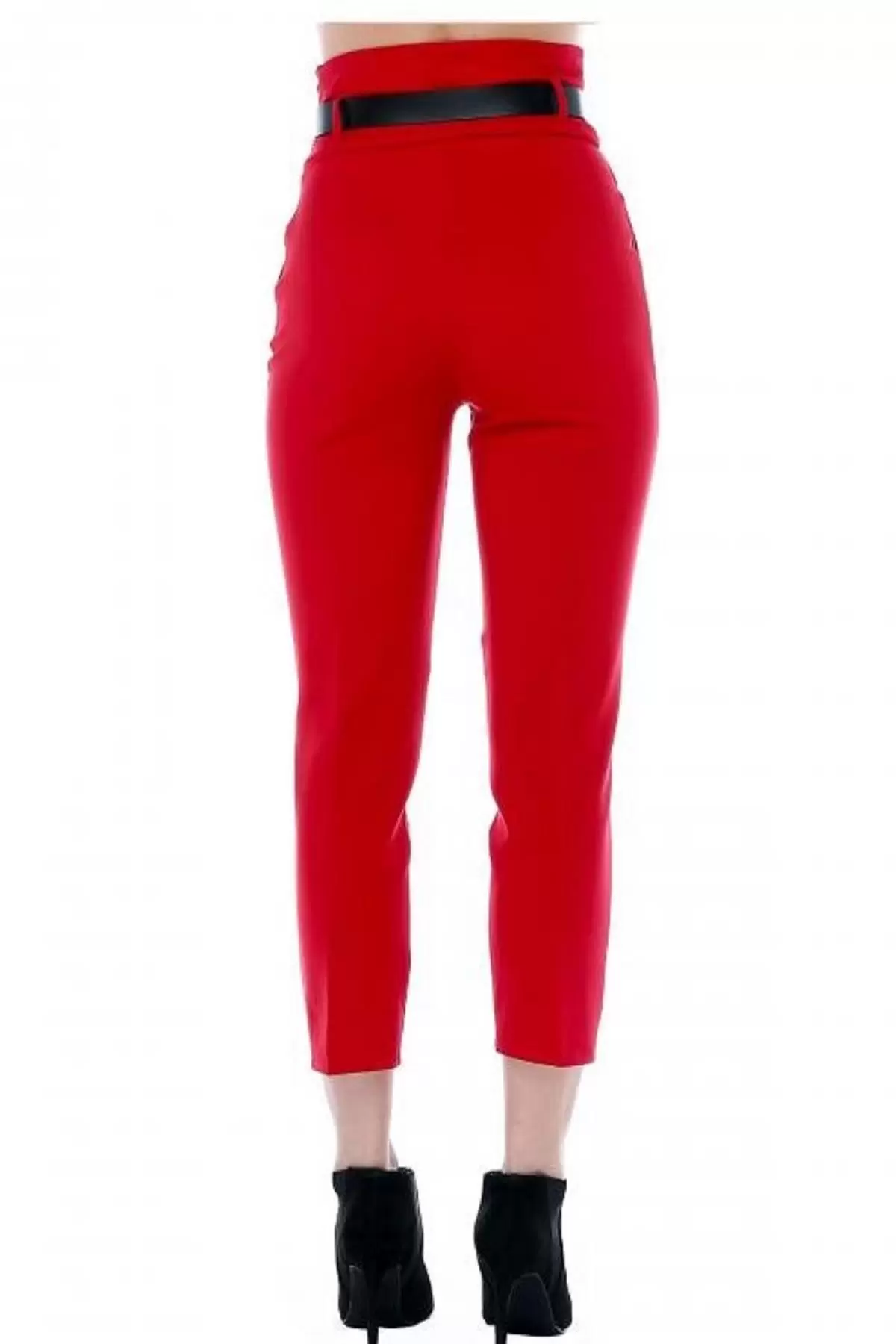 Yüksek Bel Deri Kemerli Kırmızı Bilek Kadın Pantolon