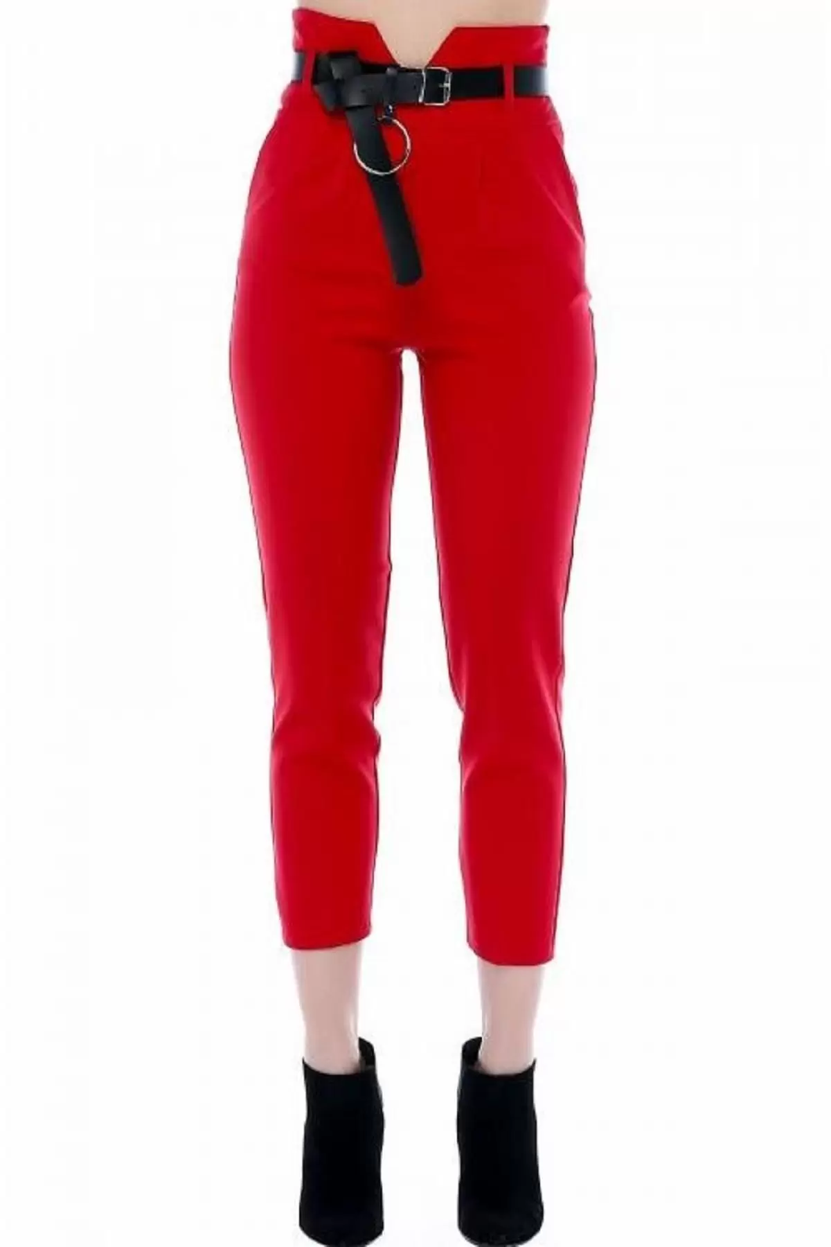 Yüksek Bel Deri Kemerli Kırmızı Bilek Kadın Pantolon