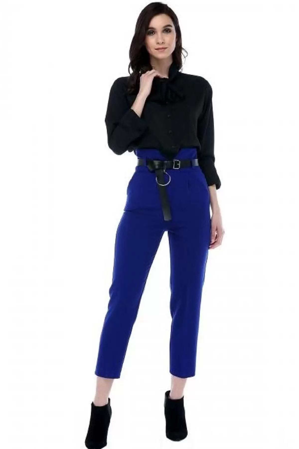 Yüksek Bel Deri Kemerli Saks Mavi Bilek Kadın Pantolon