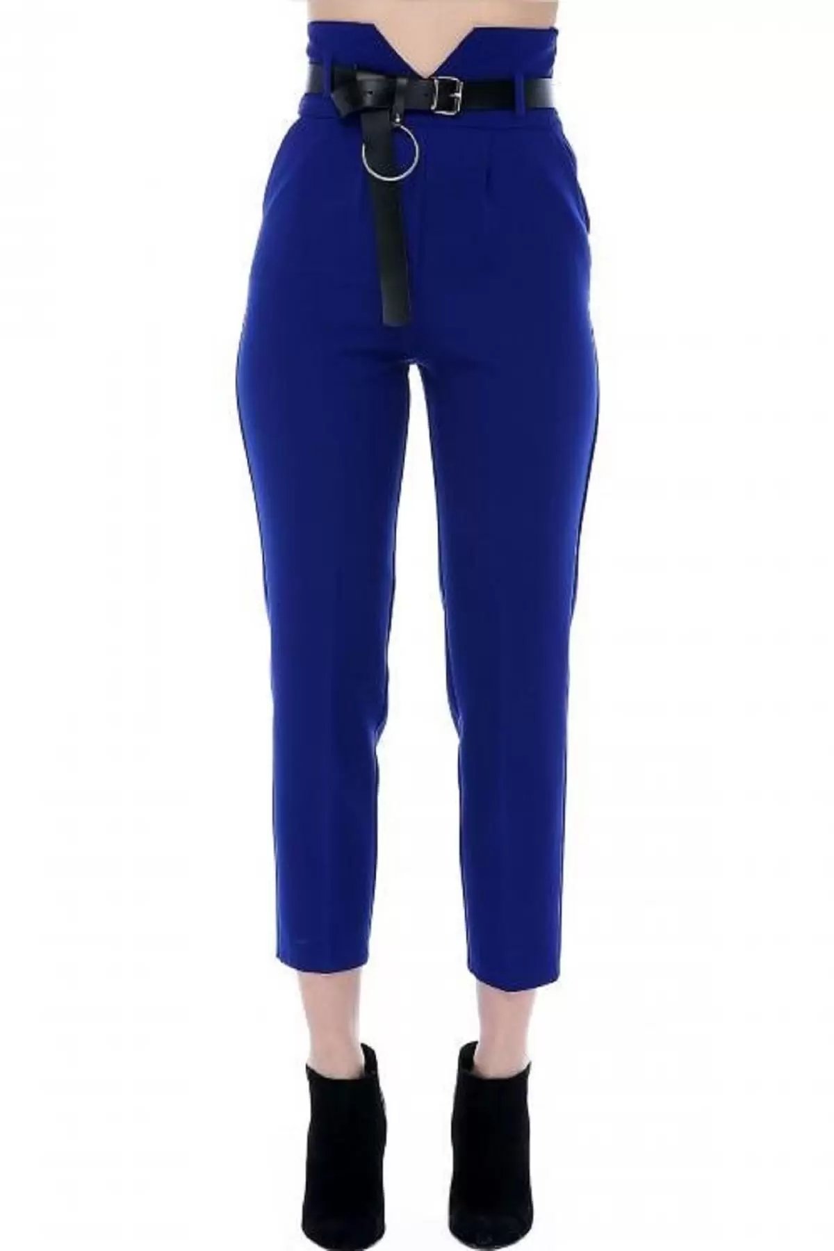 Yüksek Bel Deri Kemerli Saks Mavi Bilek Kadın Pantolon