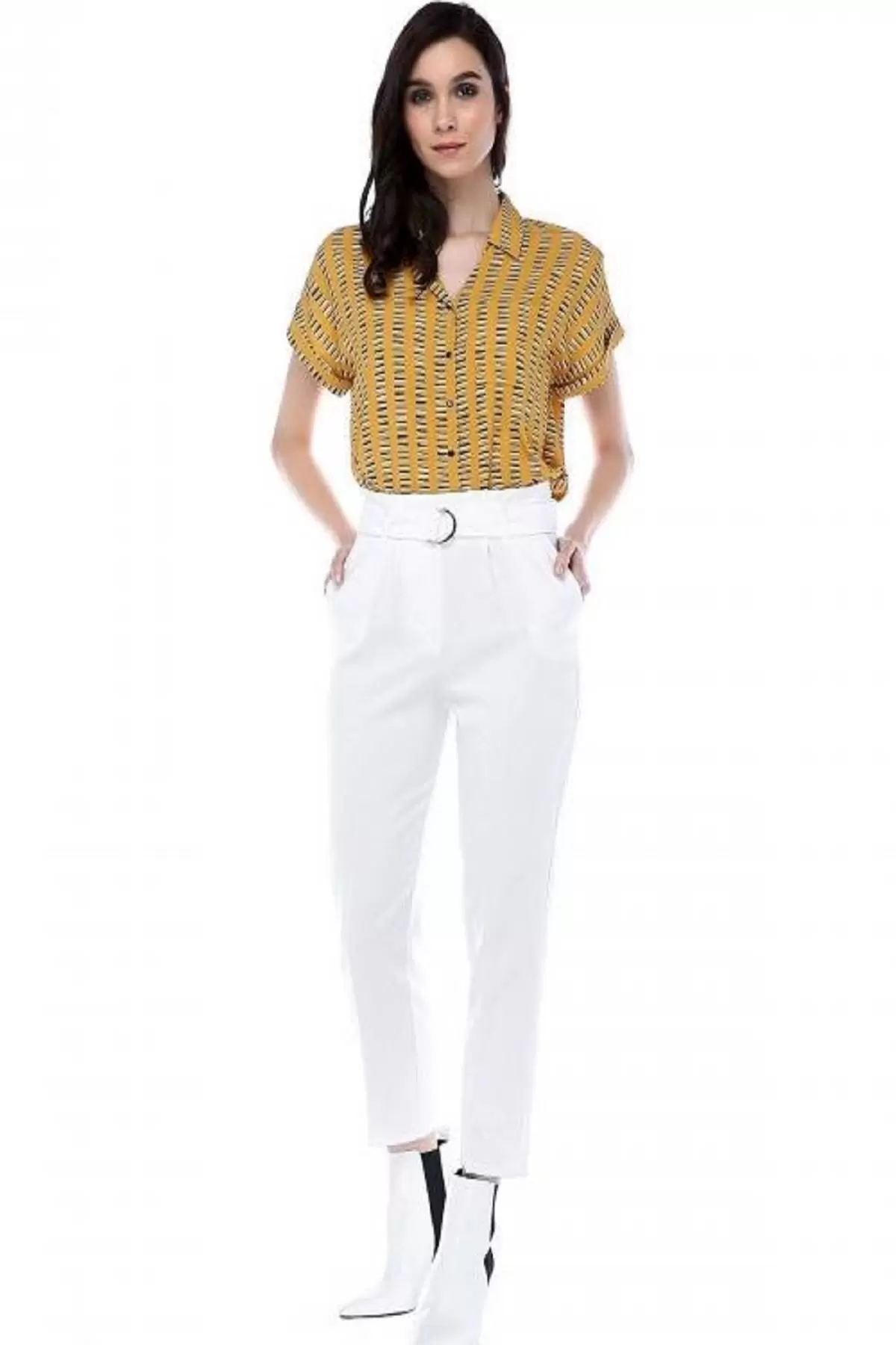 Yüksek Bel Tokalı Beyaz Bilek Kadın Pantolon
