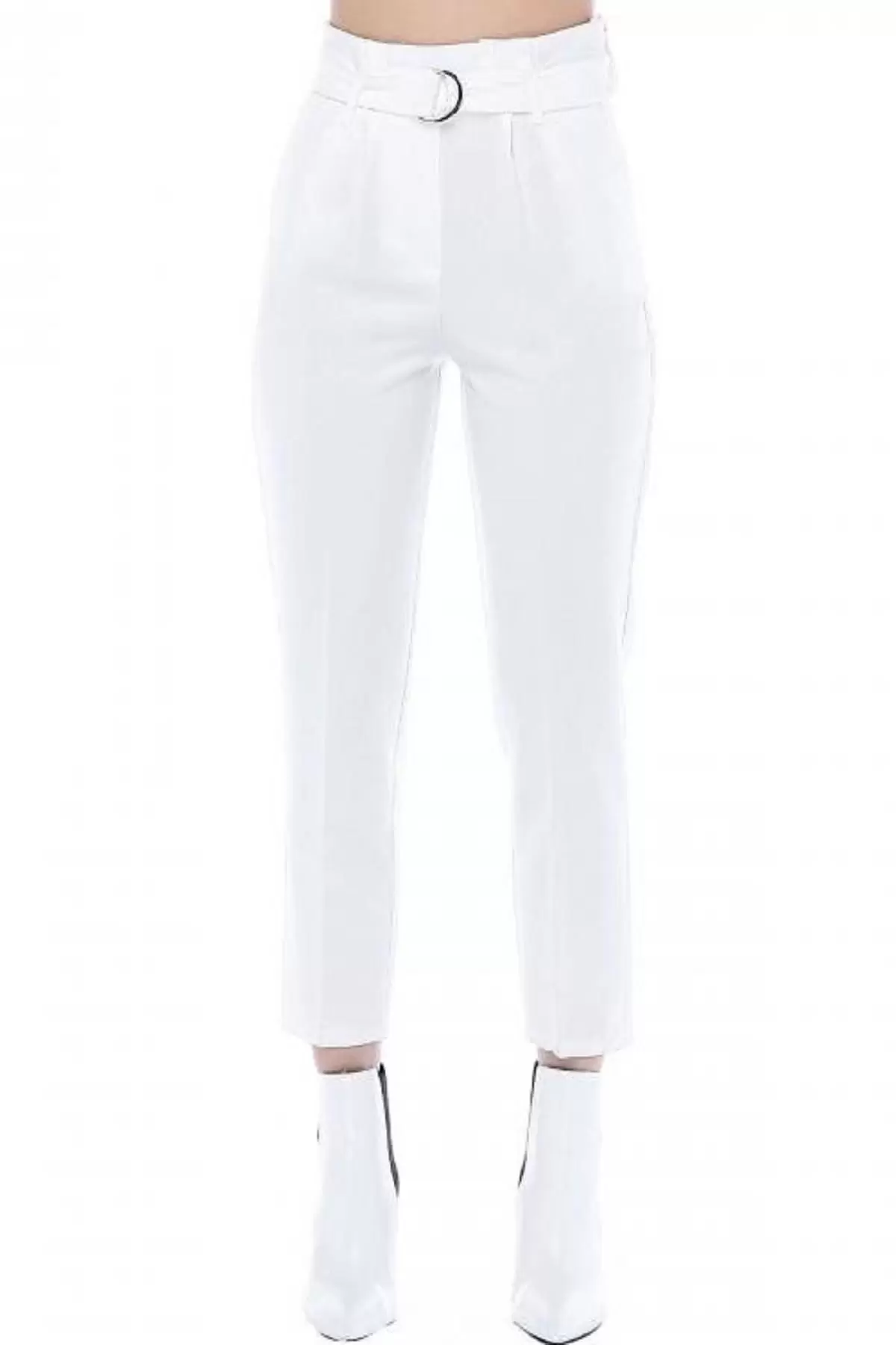 Yüksek Bel Tokalı Beyaz Bilek Kadın Pantolon