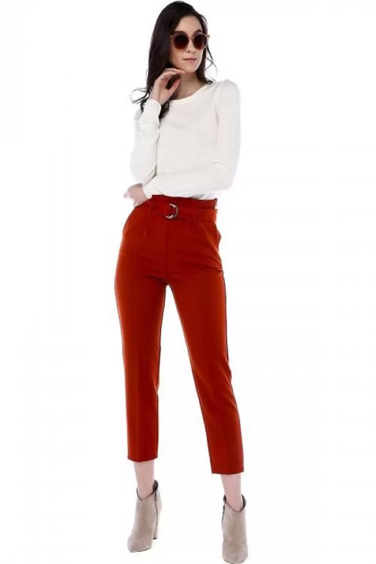 Yüksek Bel Tokalı Kiremit Bilek Kadın Pantolon