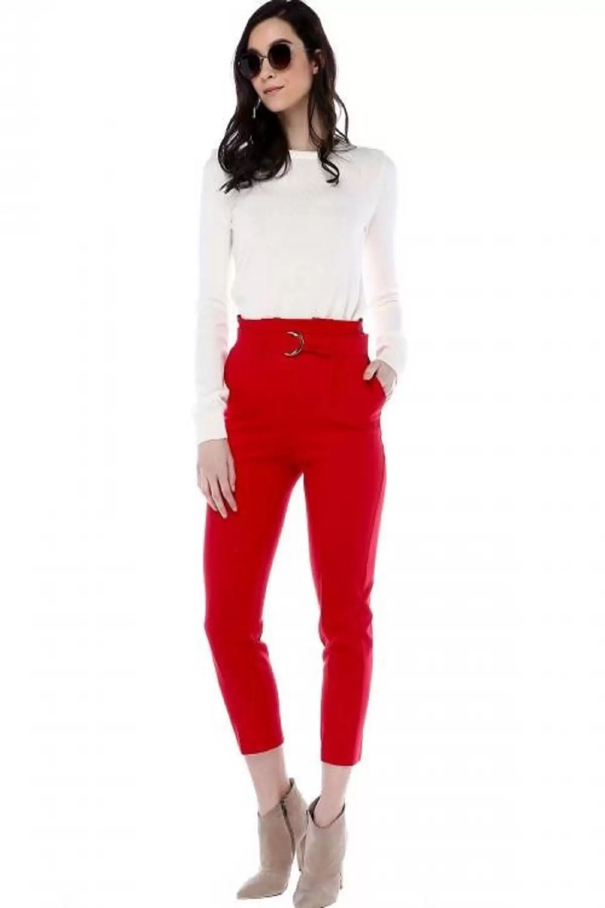 Yüksek Bel Tokalı Kırmızı Bilek Kadın Pantolon