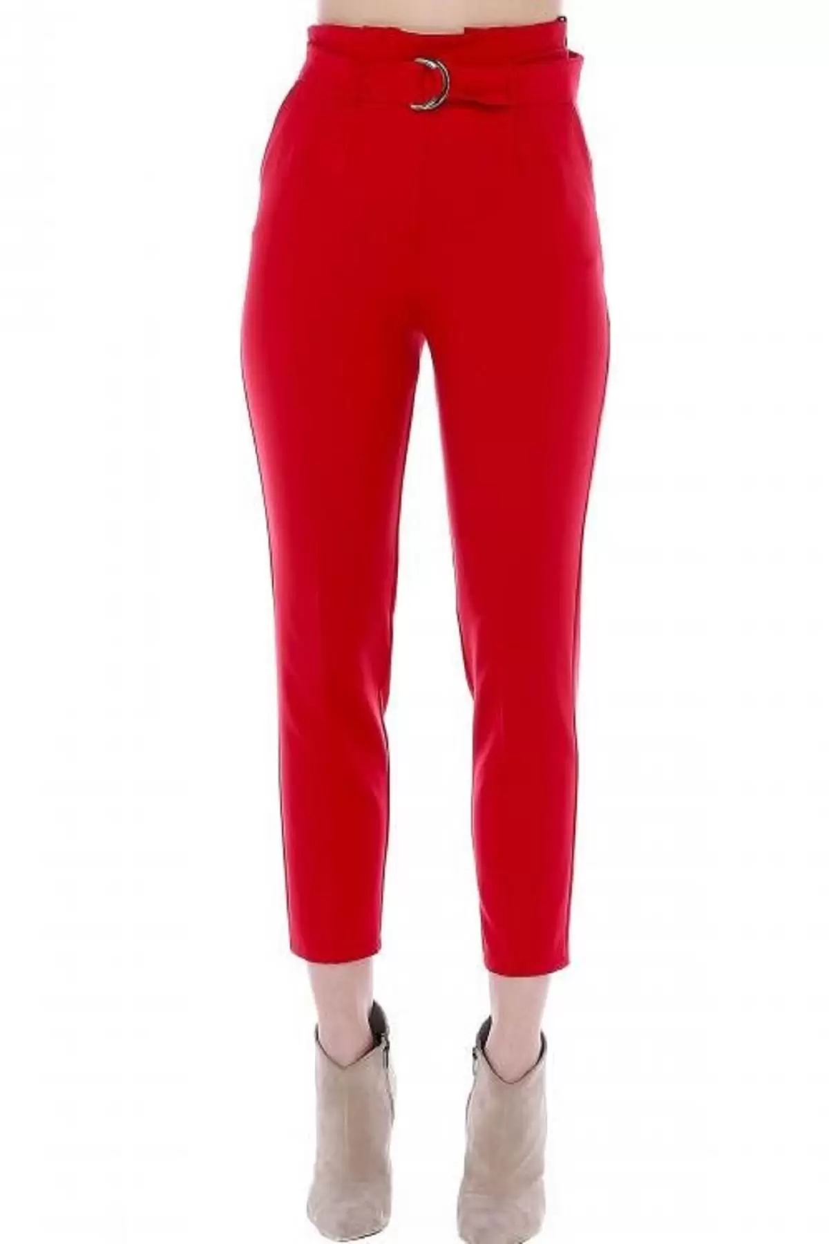 Yüksek Bel Tokalı Kırmızı Bilek Kadın Pantolon