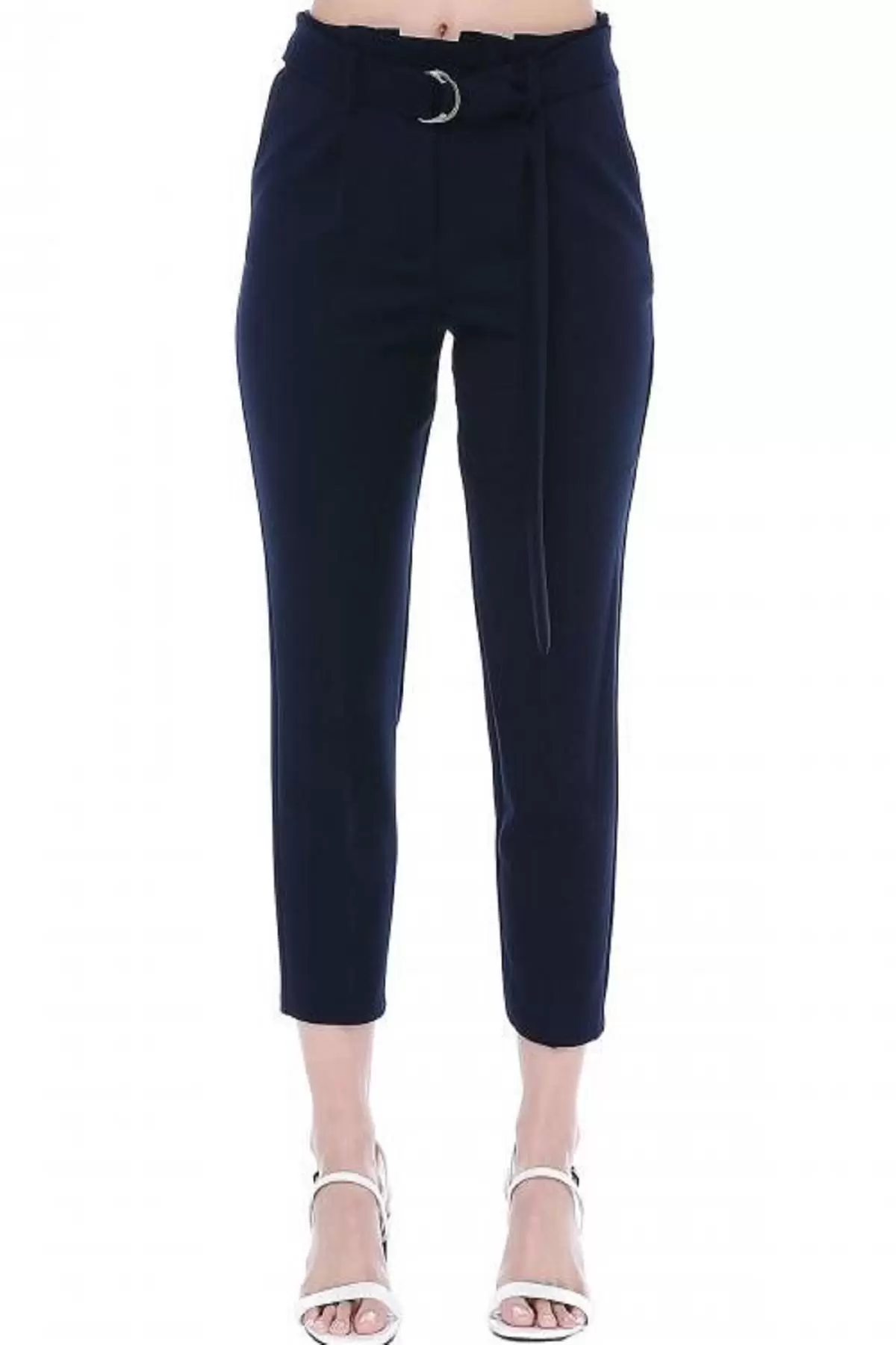 Yüksek Bel Tokalı Lacivert Bilek Kadın Pantolon