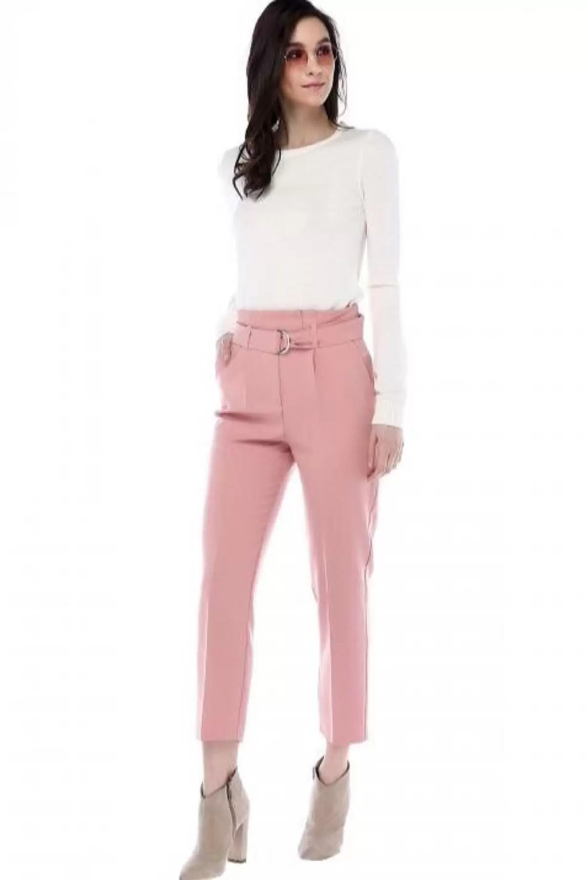 Yüksek Bel Tokalı Pudra Bilek Kadın Pantolon