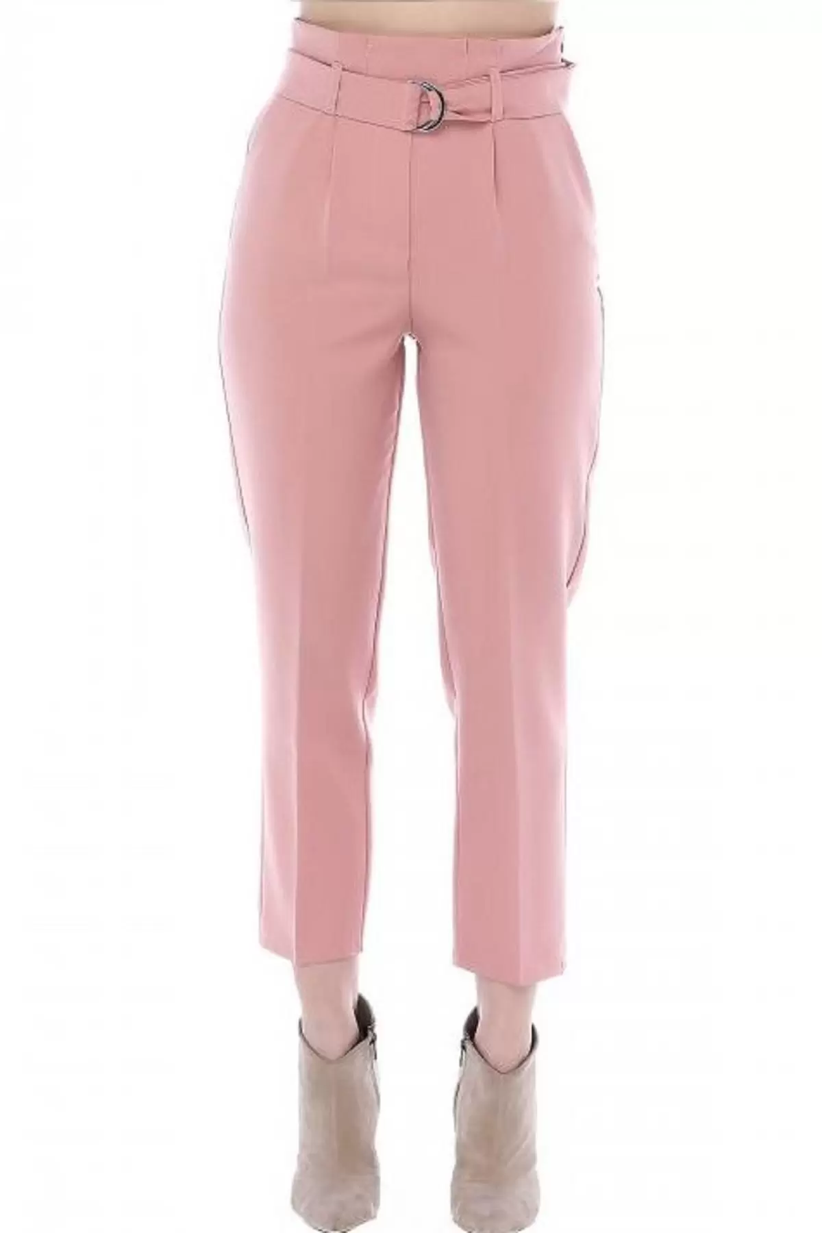 Yüksek Bel Tokalı Pudra Bilek Kadın Pantolon