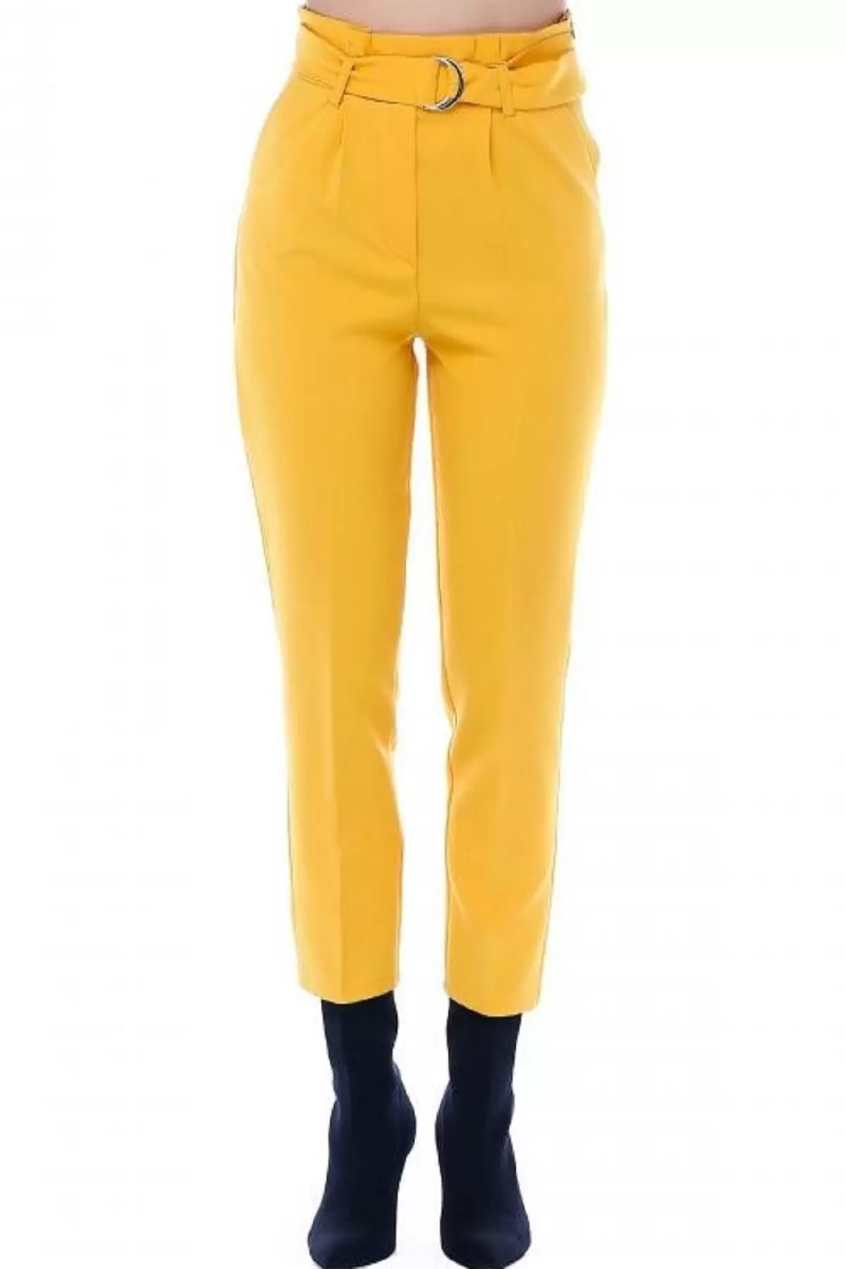 Yüksek Bel Tokalı Sarı Bilek Kadın Pantolon