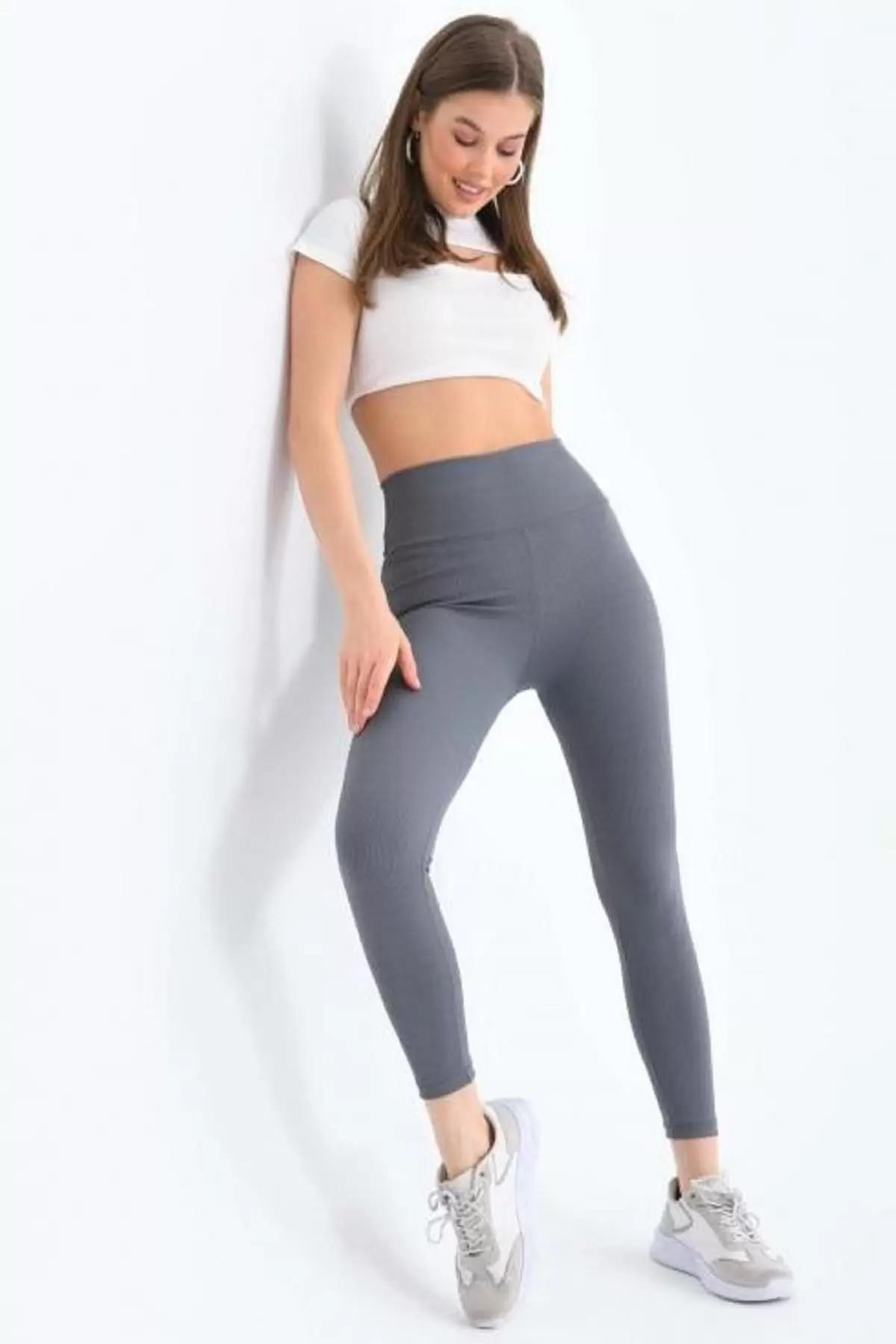 Yüksel Bel Toparlayıcı Fitilli Kadın Gri Tayt