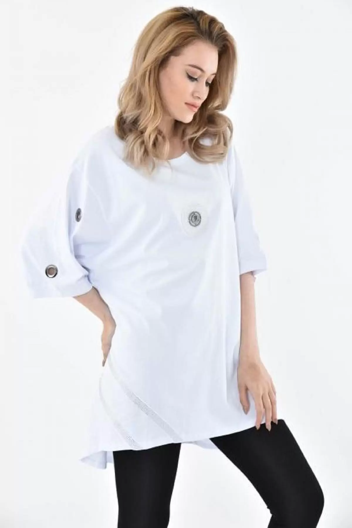 Yuvarlak Yaka Kuş Gözlü ve Taşlı Beyaz kadın Elbise