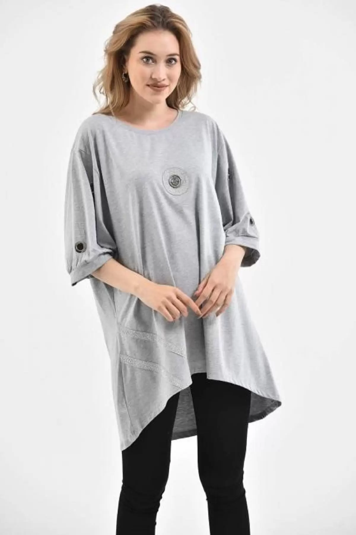 Yuvarlak Yaka Kuş Gözlü ve Taşlı Gri kadın Elbise