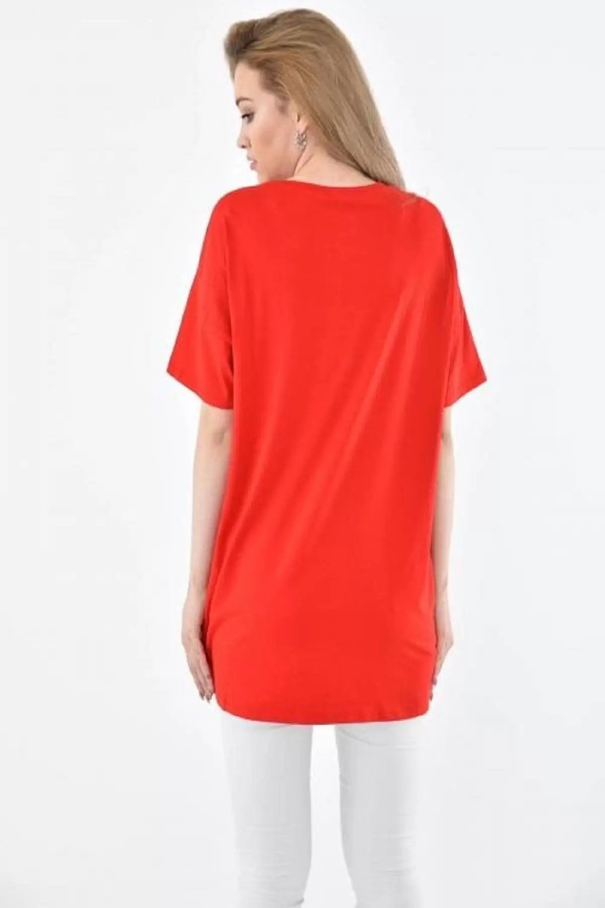 Yuvarlak Yaka Şerit Taşlı ve Asimetrik Kesimli Kırmızı Kadın Bluz