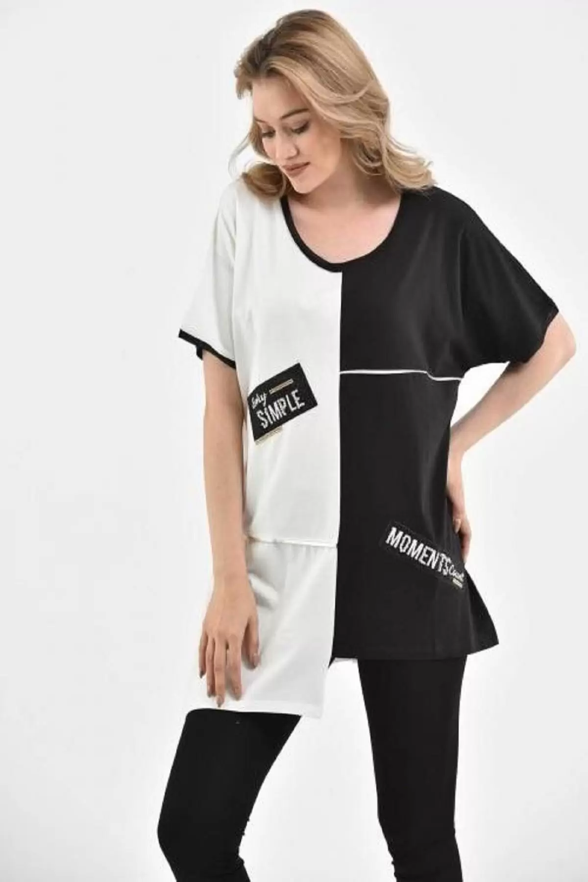 Yuvarlak Yaka Taşlı Asimetrik Kesim Siyah-Beyaz Kadın Bluz
