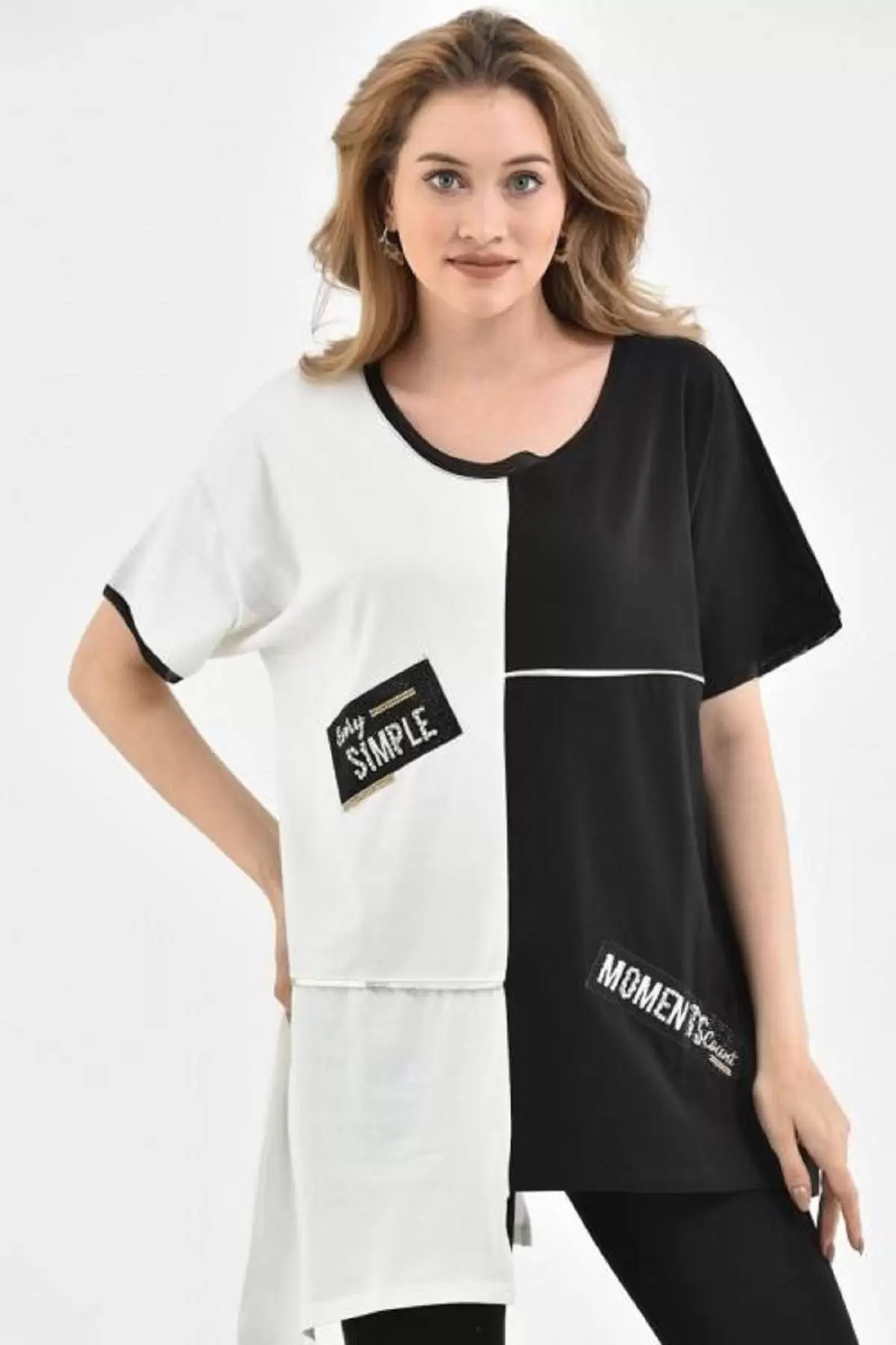 Yuvarlak Yaka Taşlı Asimetrik Kesim Siyah-Beyaz Kadın Bluz