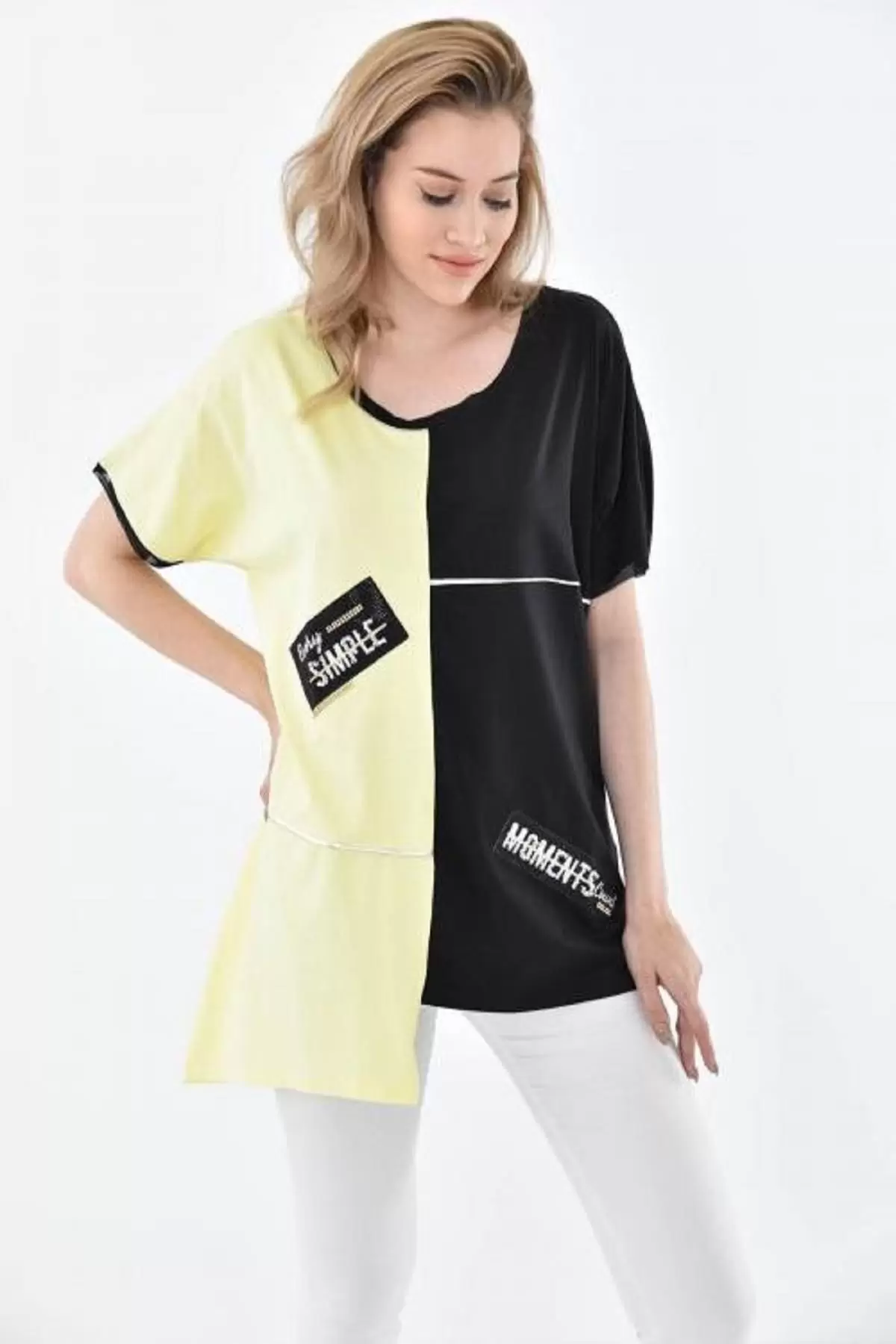 Yuvarlak Yaka Taşlı Asimetrik Kesim Siyah-Sarı Kadın Bluz